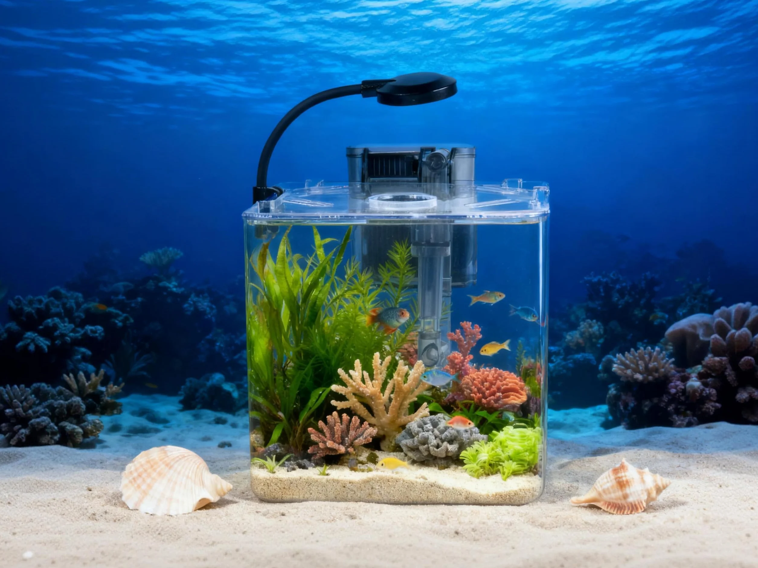 Set de acuario de 5 l para principiantes, 18 x 18 x 18 cm, mini acuario de plástico con lámpara LED y filtro USB, 5 l