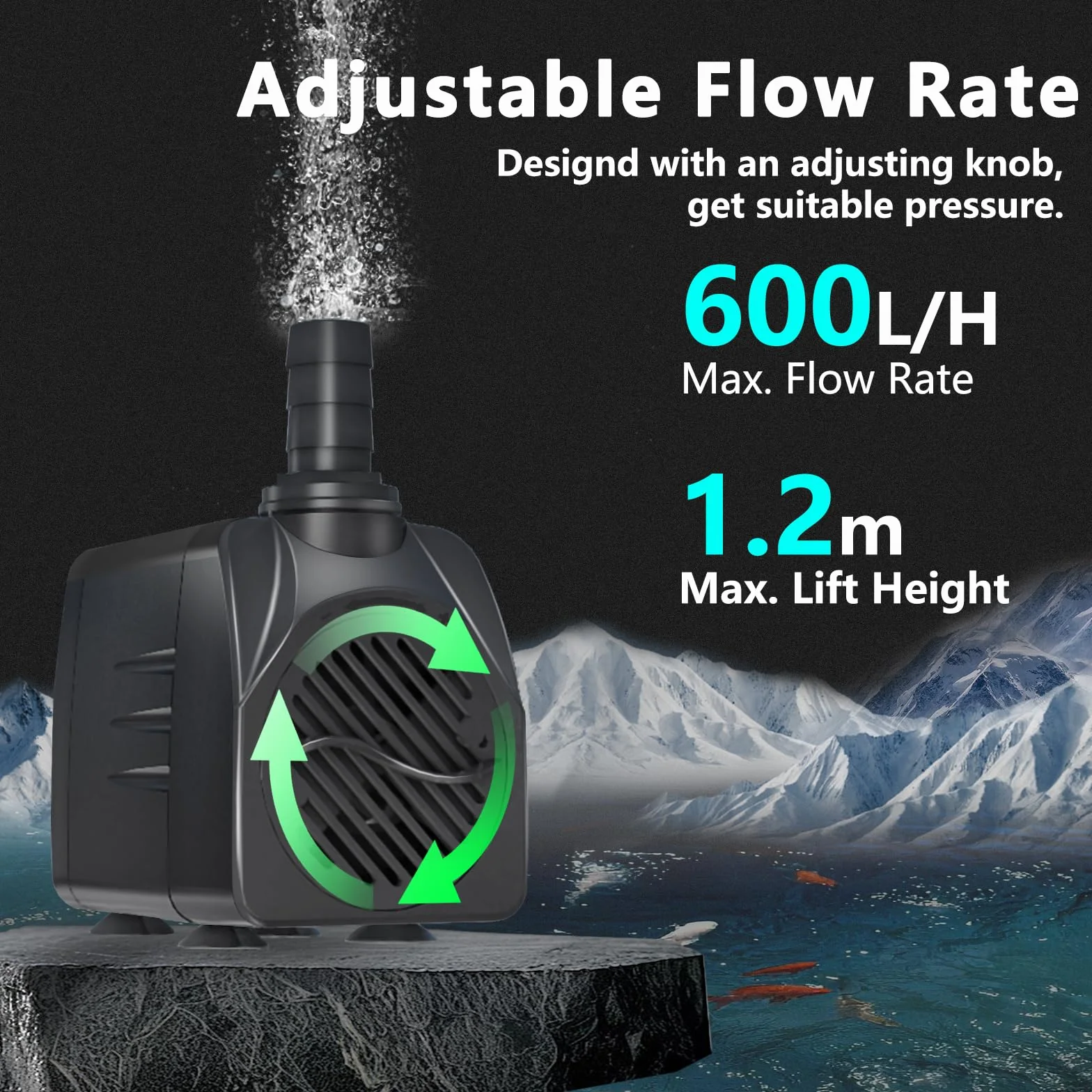 Bomba de Agua Sumergible 10W 600L/H, con Protección contra Sobrecalentamiento, Funcionamiento Ultrasilencioso. Para Estanques, Acuarios y Sistemas Hidropónicos. Incluye Cable de 1.5m Caudal Ajustable.