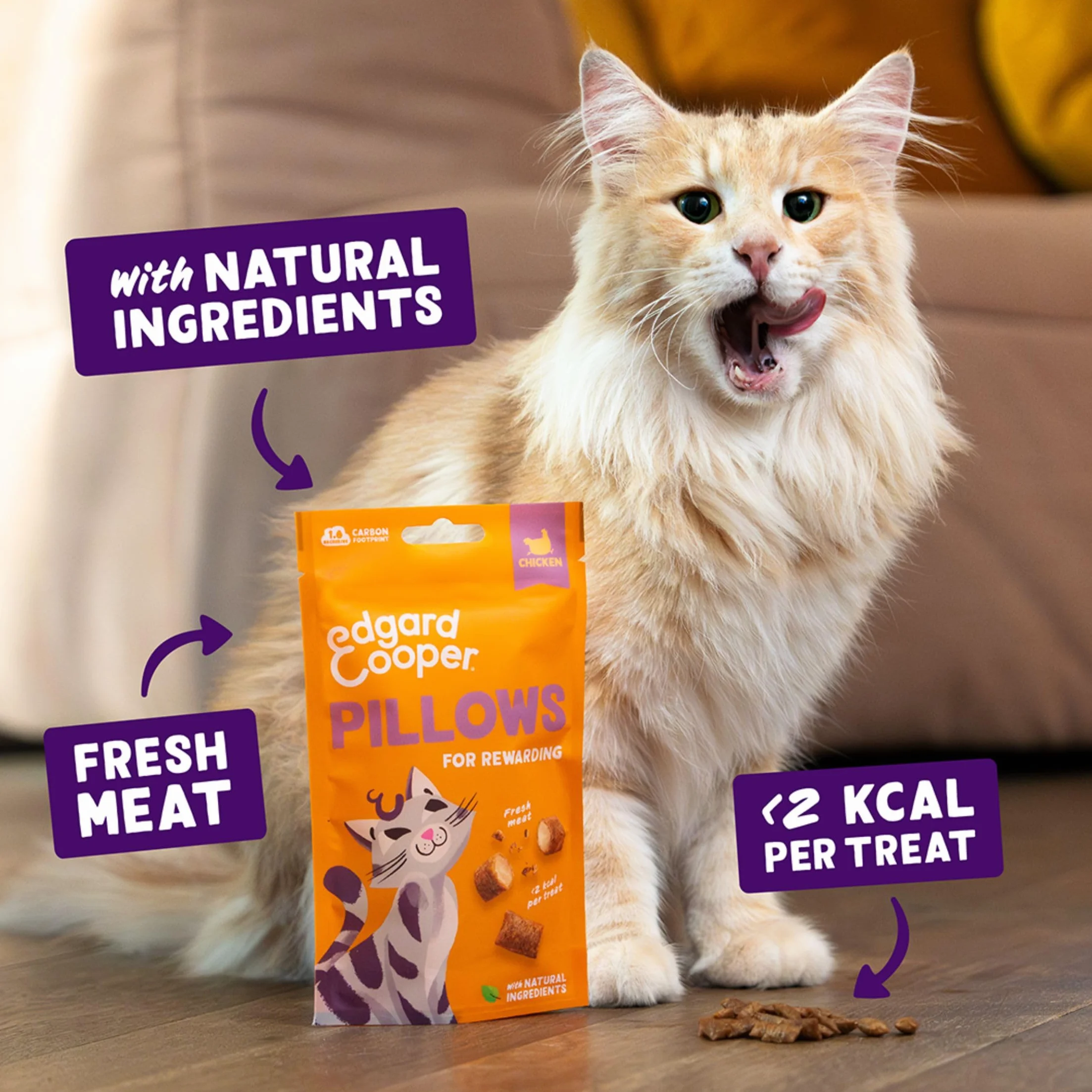 Edgard & Cooper premios Naturales para Gatos, bocaditos de Pollo (1x60g), con Carne Fresca, sin Cereales, Menos de 2kcal por Premio, Ingredientes Naturales y sin azúcares añadidos.