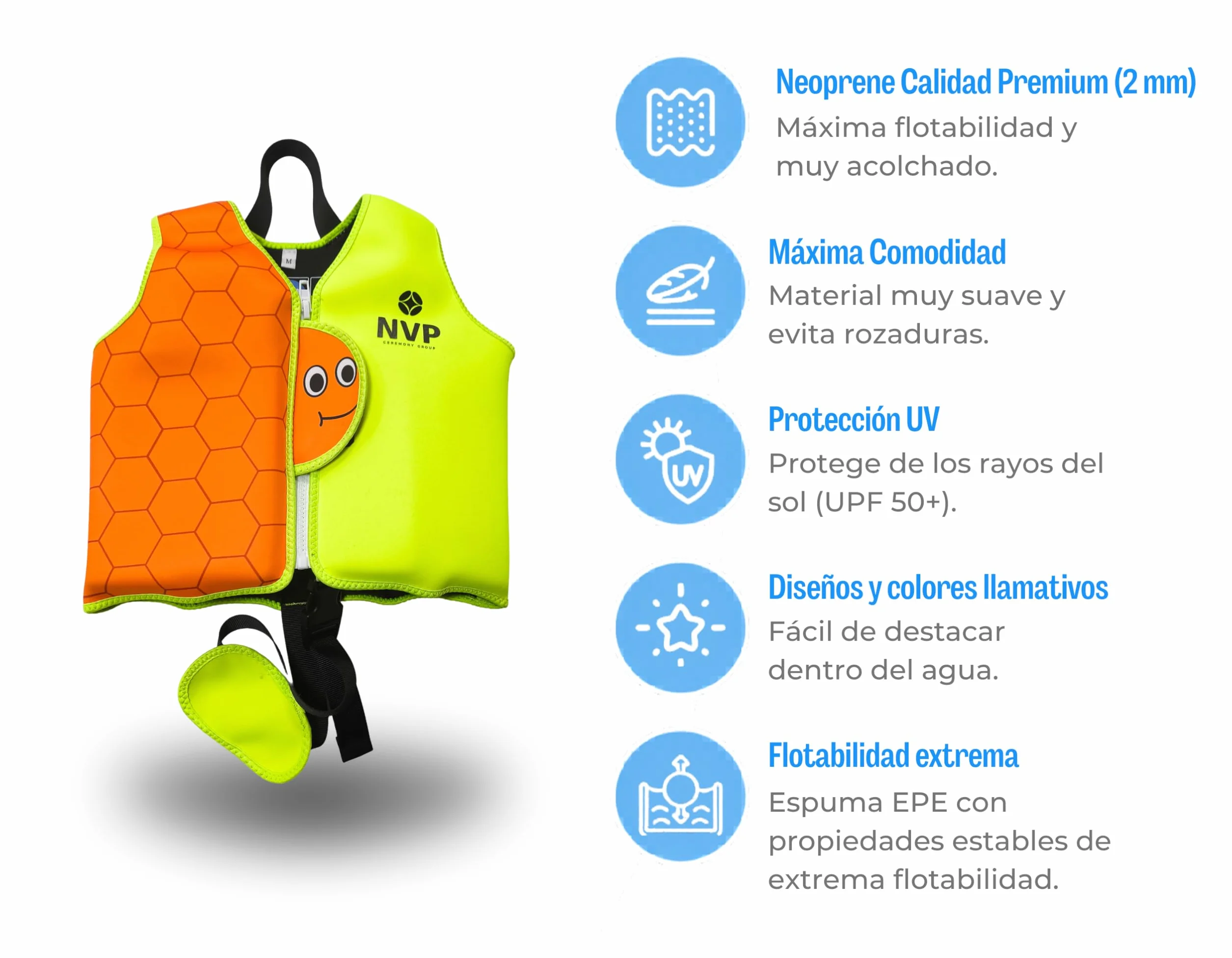 Chaleco de Natación Infantil de Neopreno NVP para Bebés y Niños 1-6 Años - Chaleco Flotador Ajustable con 8 Paneles de Flotación