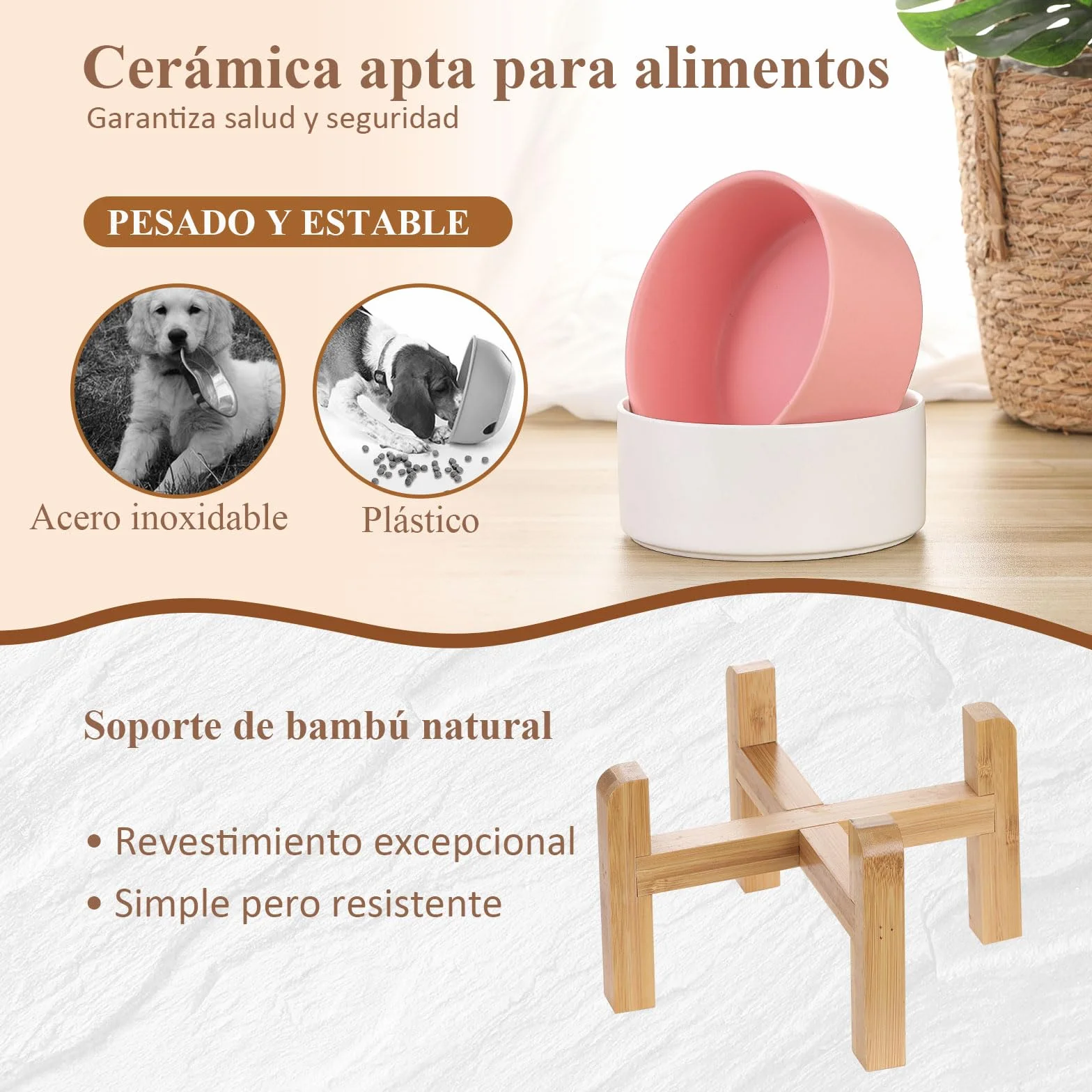 Blanca Ceramica Comedero Elevado Perro y Comedero Gato - 850 ml - En un Elegante Soporte de bambú - También Adecuado para Perros Grandes/Grandes felinos