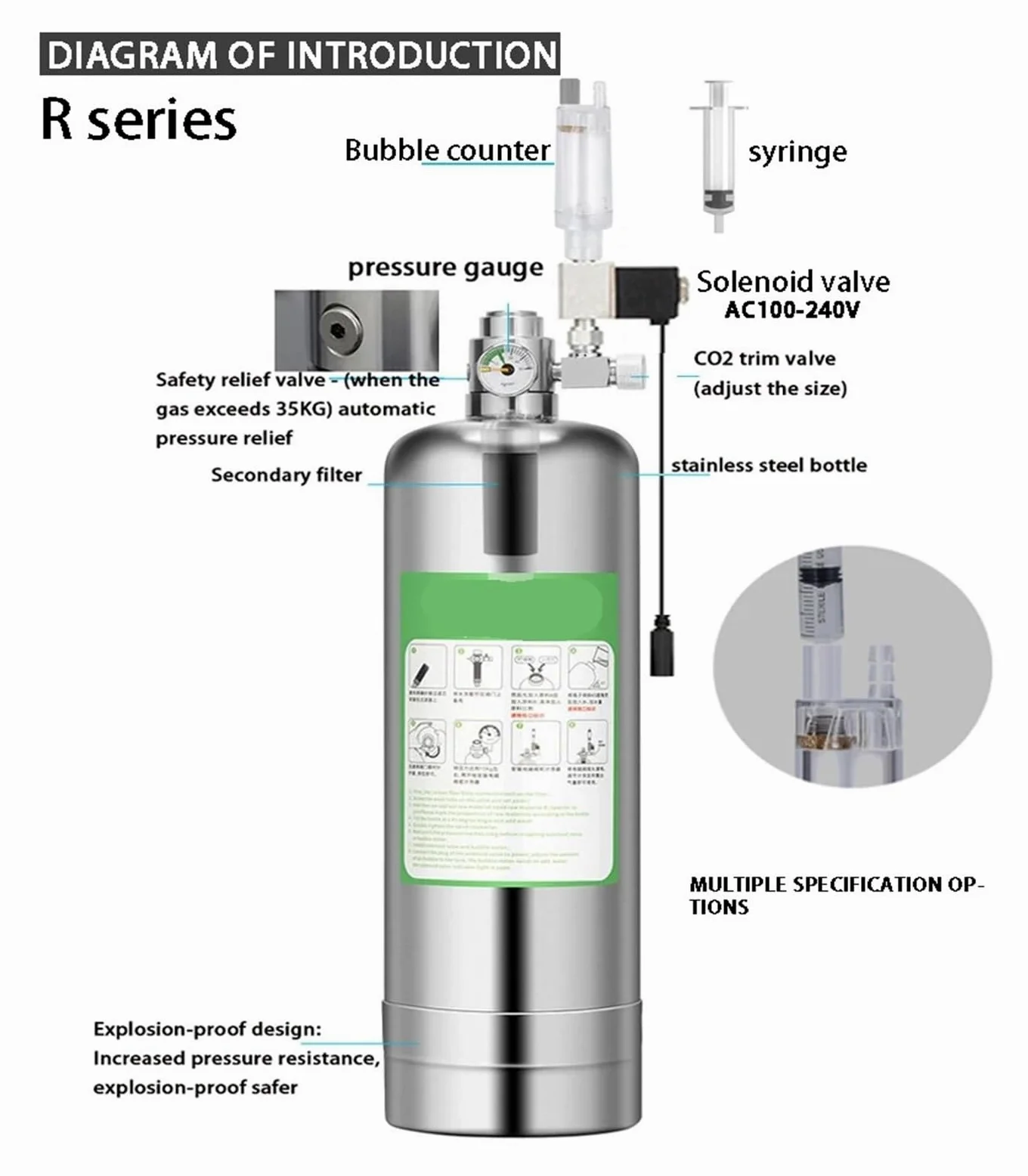 Kit de Sistema generador de CO2 DIY for Acuario, Sistema generador de Cilindro de CO2 de Acero Inoxidable, Kit de Reactor de dióxido de Carbono for Plantas y Peces(1L)
