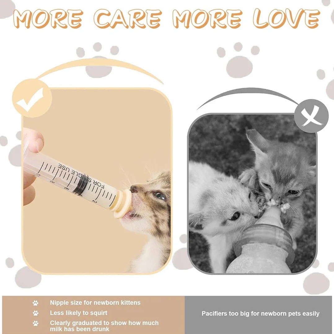 10 Piezas Unidades Kitten Feeding Kit, Syringes & Nipple Set para Gatitos, Biberon Gatos Recien Nacidos, 2 Jeringas de alimentación y 8 Pezones de Silicona, Cachorros y Suministros Reutilizables