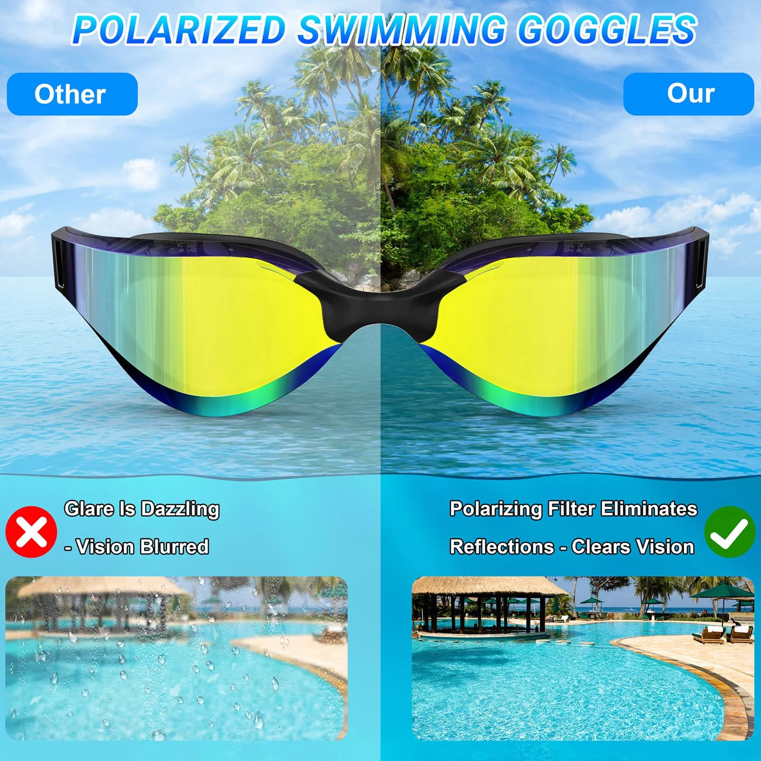 Gafas Natación Polarizadas Antivaho UV400 Correa Silicona Ajustable Profesional Adultos Adolescentes Deportes Acuáticos