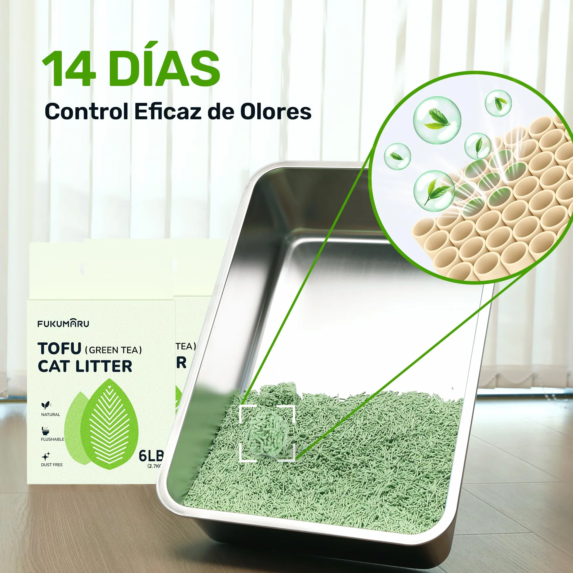 FUKUMARU Arena de Tofu para Gatos 10.8kg - Arena Aglomerante, Control de Olores, Aroma de Té Verde, Sin Polvo