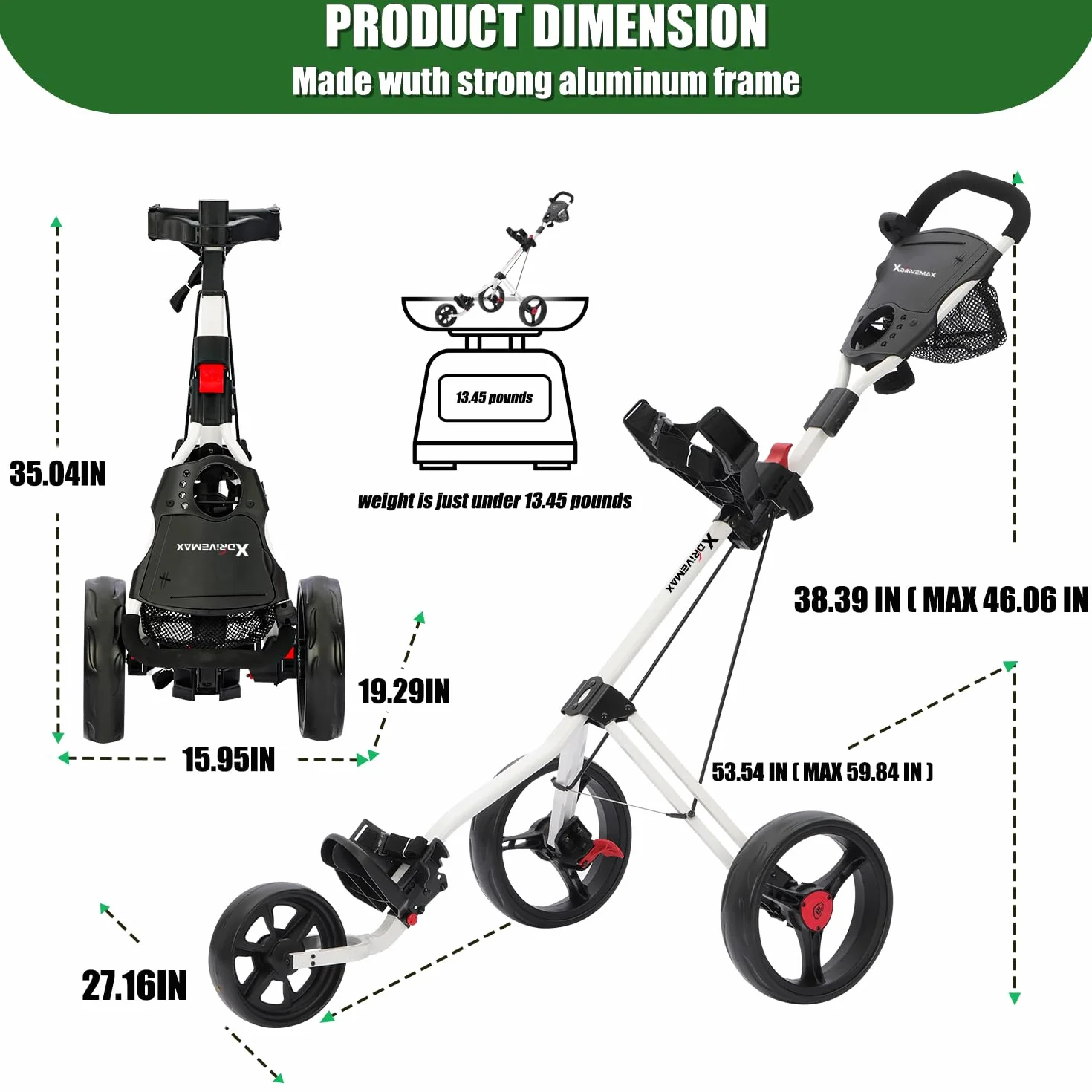 XDriveMax GC27 Carrito de Golf Plegable Ligero 3 Ruedas con Soporte para Tazas