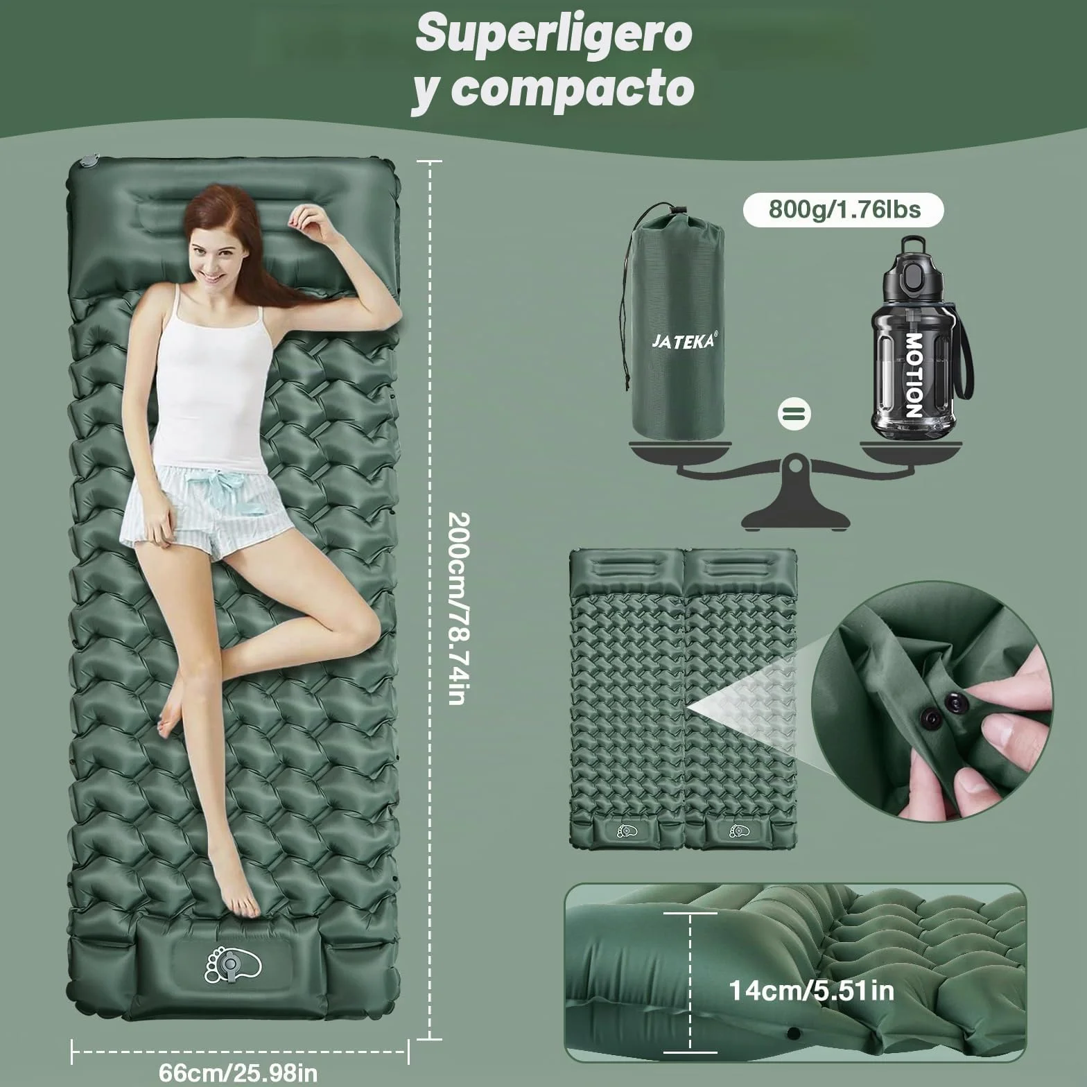 JATEKA Esterilla Camping Inflable Autoinflable Individual con Bomba de Pie y Almohada