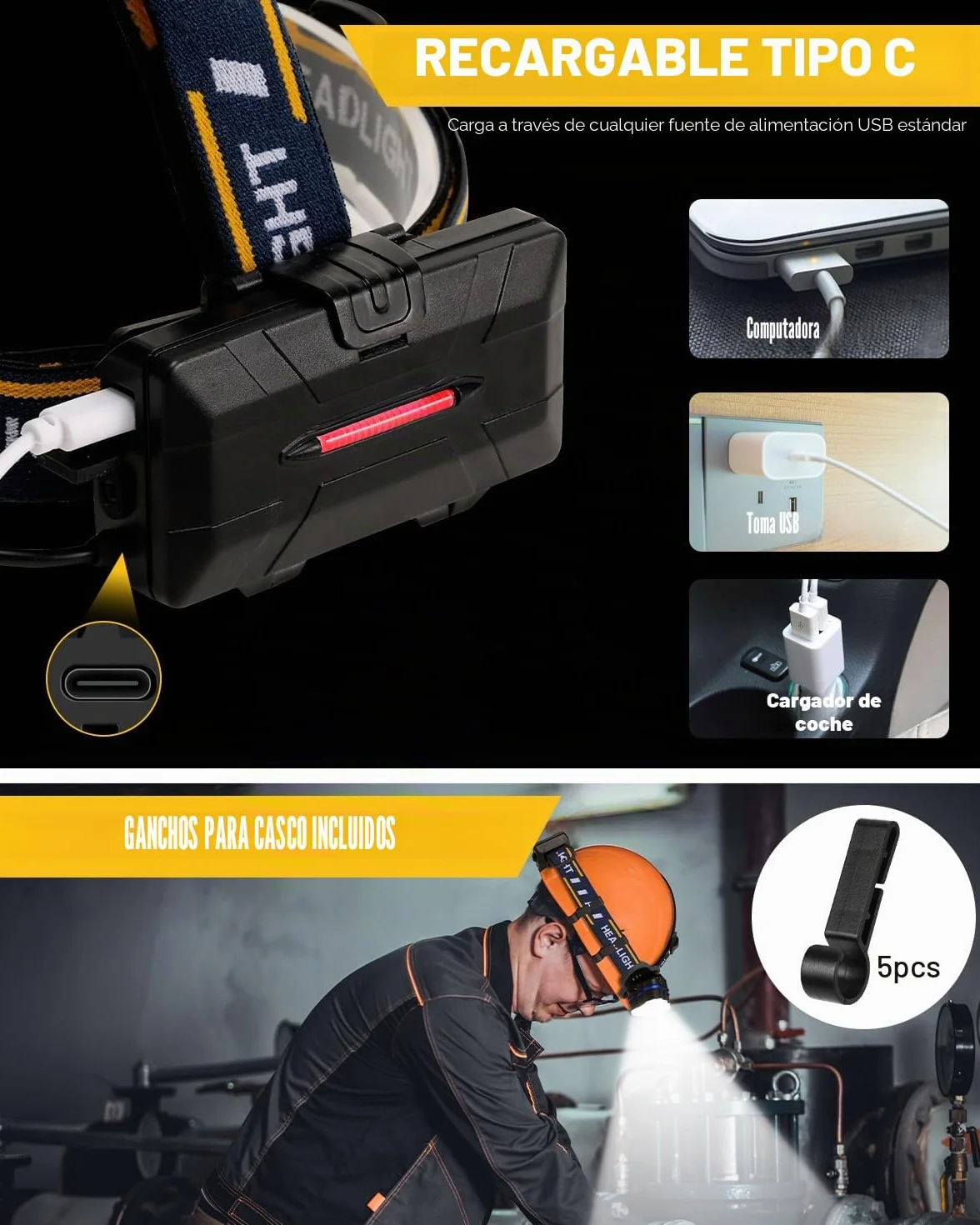 E Hyted Linterna Frontal LED Recargable 18000 Lúmenes 8 Modos IPX4 Impermeable