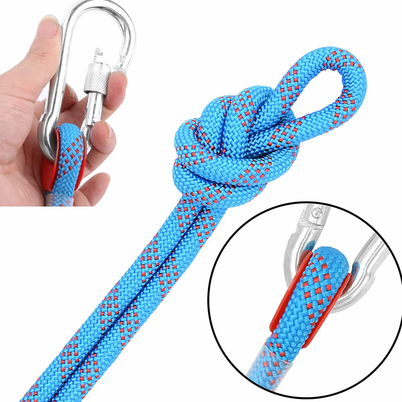 Cuerda de Escalada 10mm 10M Servicio Pesado con 2 Mosquetones Rojo