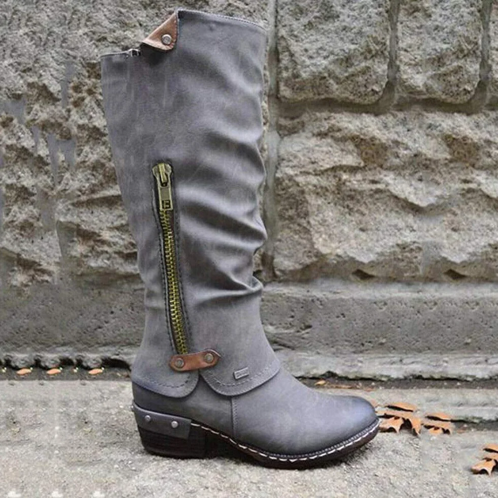 Botas de la Pantorrilla para Mujer Warm Zip Casual Talones hasta Media Pantorrilla Plana Inferior del Invierno