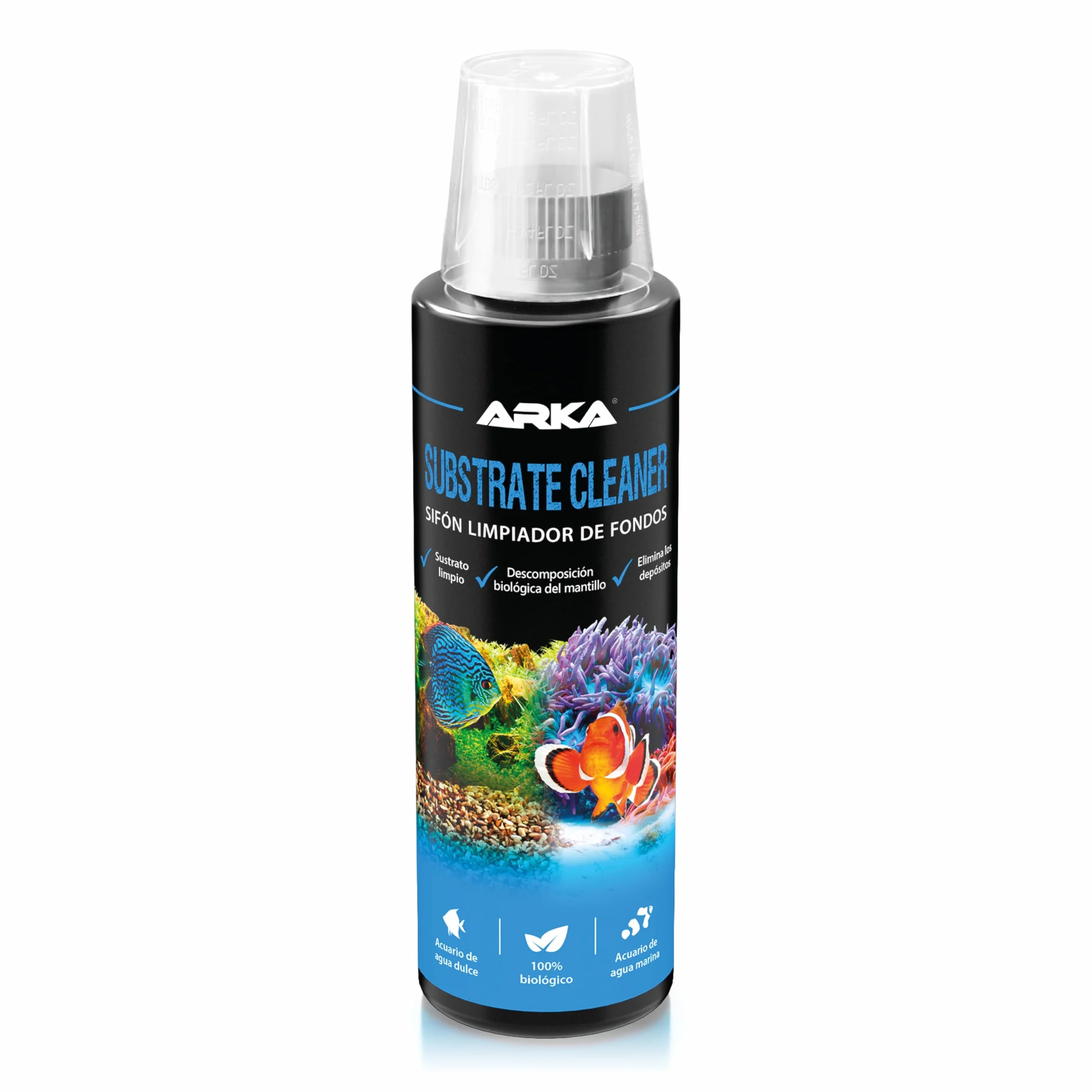 Limpiador Fondo Acuario 236 ml – ARKA Substrate Cleaner – 100% biológico con bacterias vivas – Elimina Lodo, restos y Suciedad – sin sifón ni Tubo – Agua Clara en Dulce y Marino