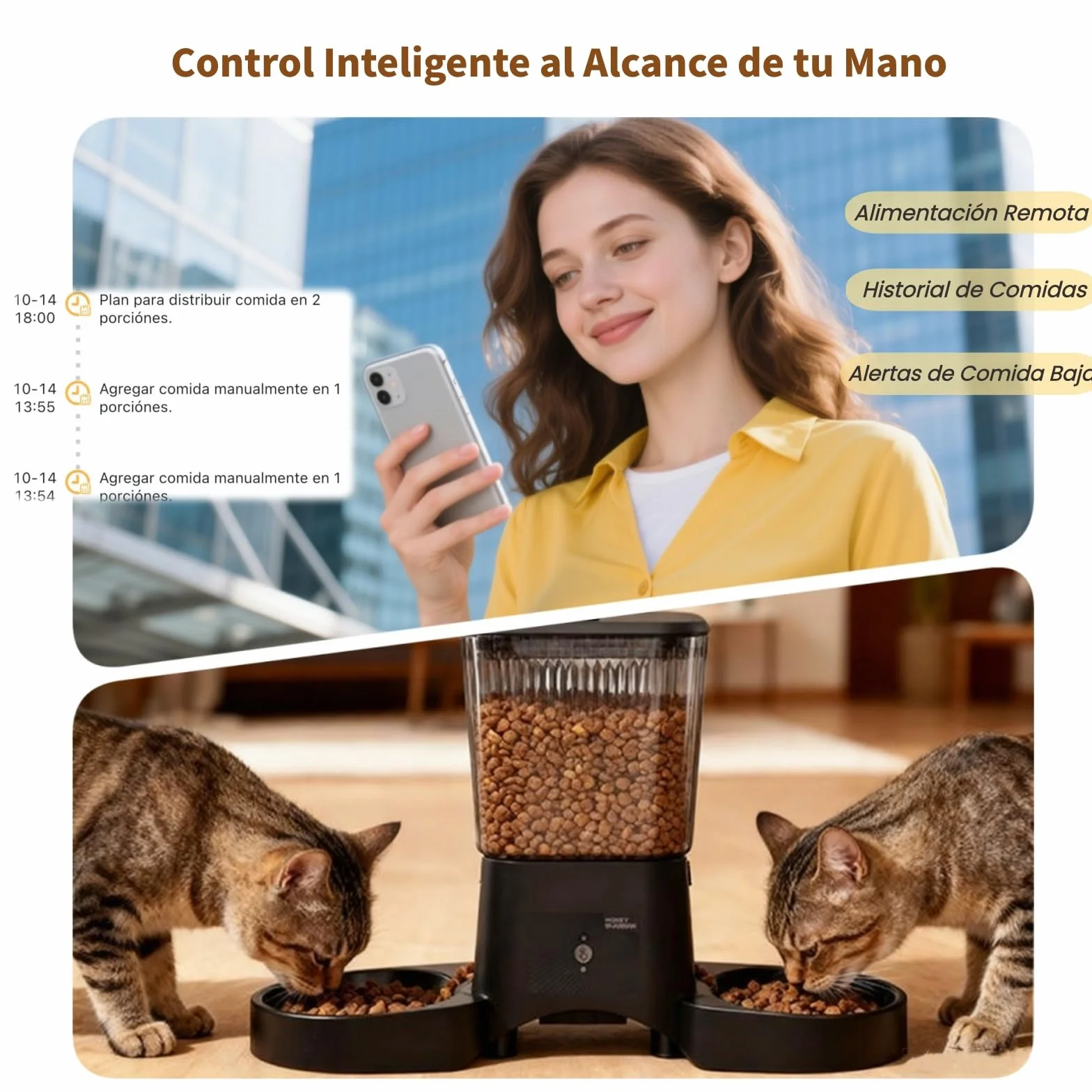 Comedero Gato Automatico 5G WiFi, HONEYGUARDIAN Dispensador Comida Seca Gatos Perros, Alimentador Automatico Gato Fácil Operación con Control App, 4 Cuencos (Acero inoxidable + Lento), 1-6 Comidas/Día