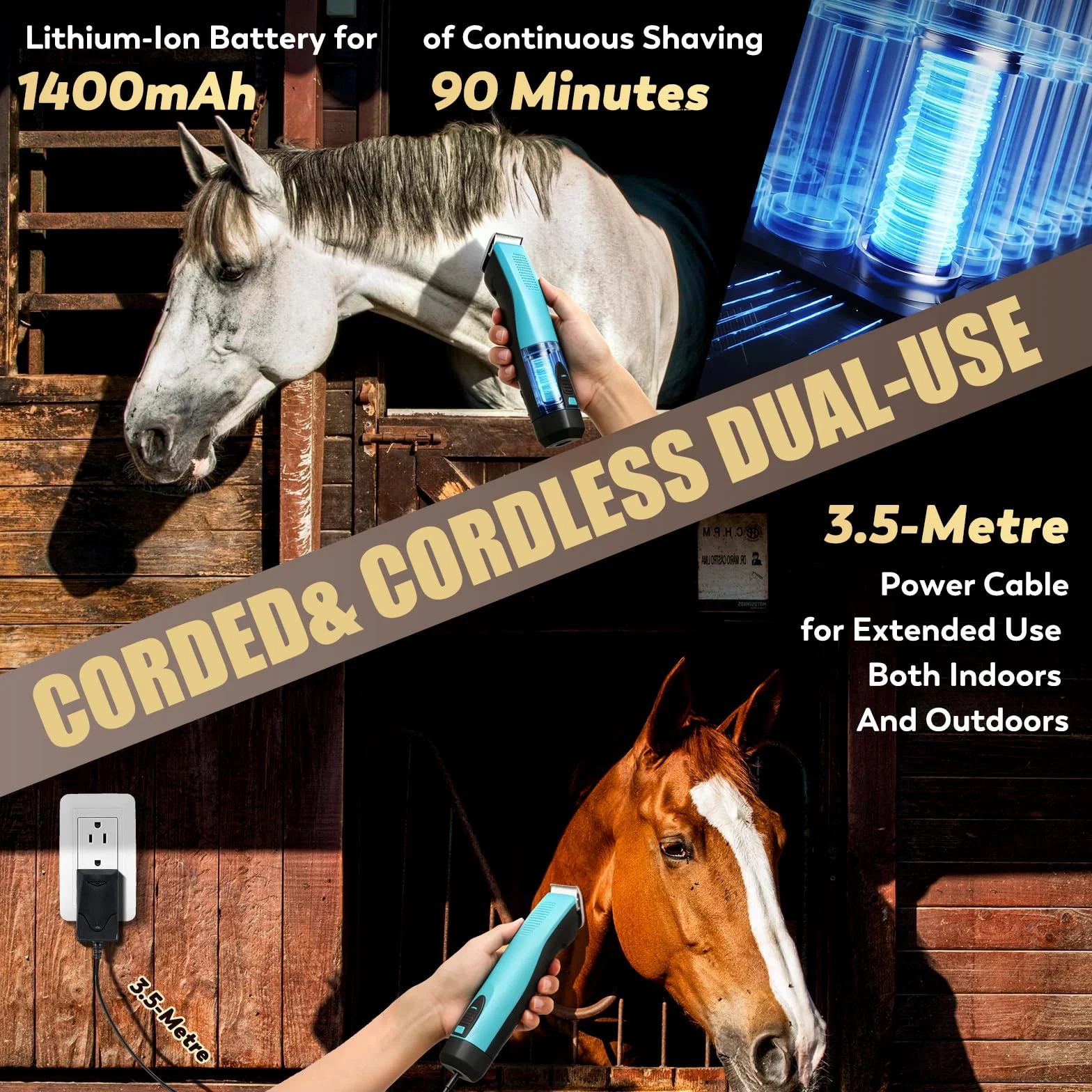 CGOLDENWALL Cortapelos para Caballo, Batería de Li-Ion 1400mAh & Cable de 3.5m para Uso Con/Sin Cable, 3200-4000rpm Ajuste de Velocidad, para Perro, Caballo, Cabra, Vaca y Animal de Pelo Grueso