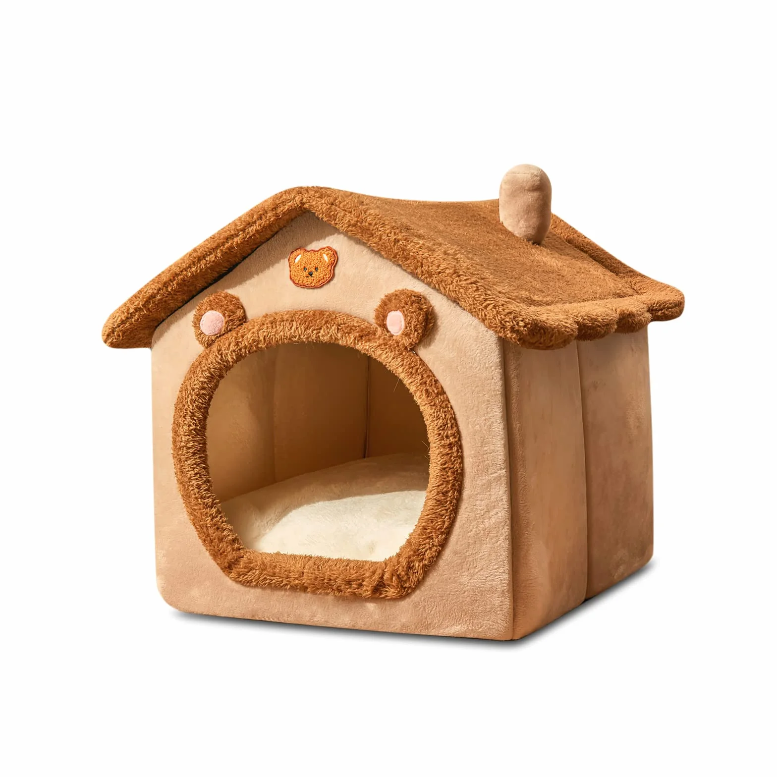 Cama de la cueva del gato, cama lavable para perro, casa cálida y acogedora, plegable cómoda casa para gatos para mascotas, cama para perros con cojín extraíble (L, marrón)