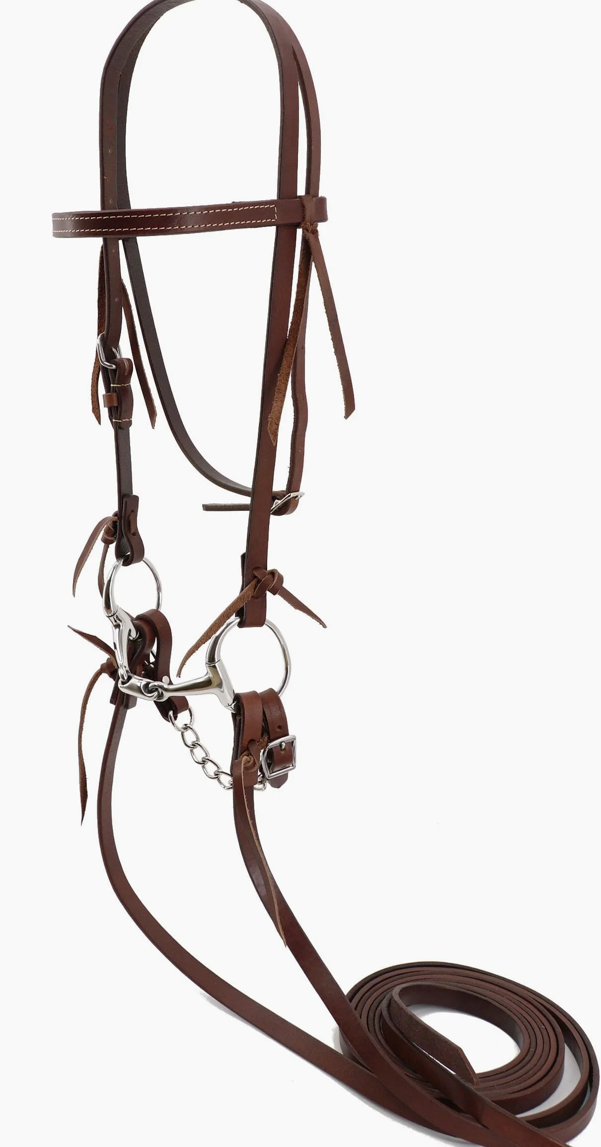 Jeereal Brida de banda para cejas con hebilla de mejilla única, incluye broca de acero inoxidable de 5 pulgadas, riendas divididas de 5/8 pulgadas x 7 pies y correa de eslabones planos de cuero