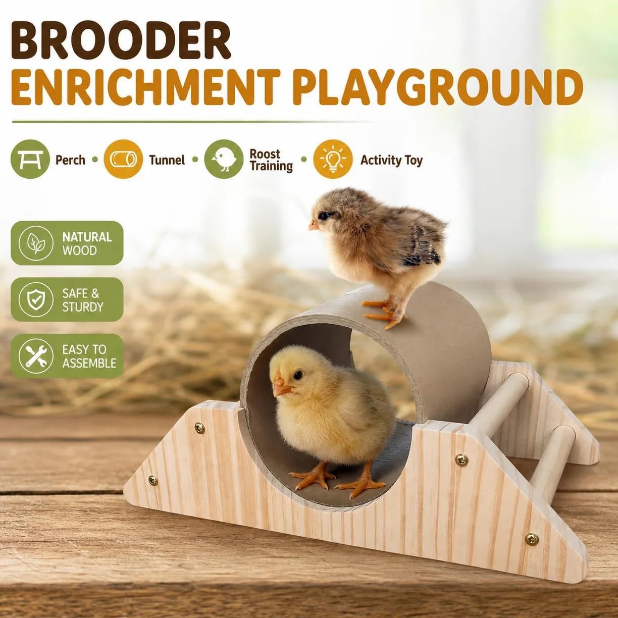 Percha para pollitos de pino con túnel de ocultación, barra fuerte para jugar al gimnasio, juguetes de pollo de accesorios de gallinero y criadora, juguetes de perca de entrenamiento para pájaros