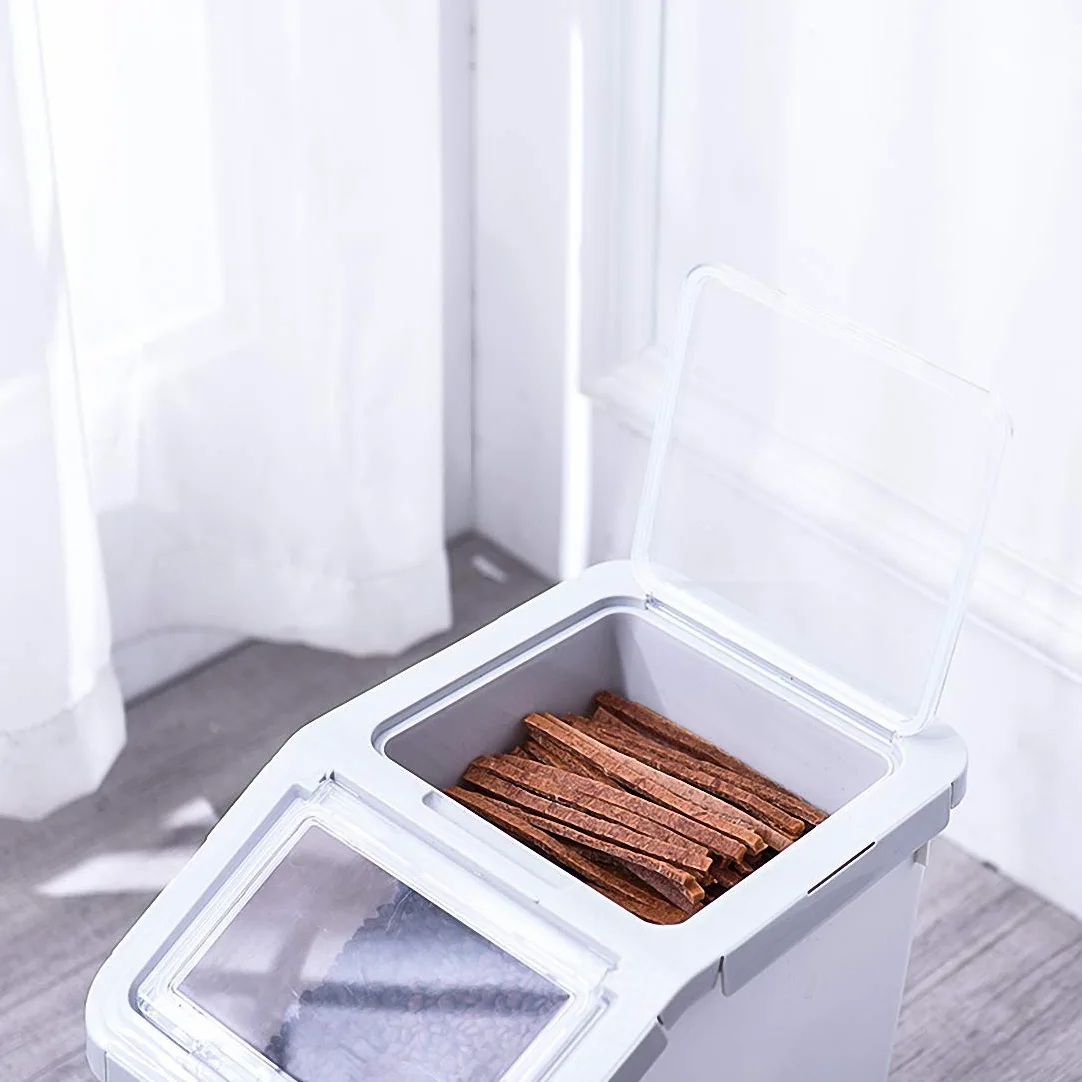 Contenedor de almacenamiento de alimentos de plástico de 10 kg con tapa y ruedas, organizador grande hermético para mascotas y cocina para perros y gatos, harina, cereales, incluye taza