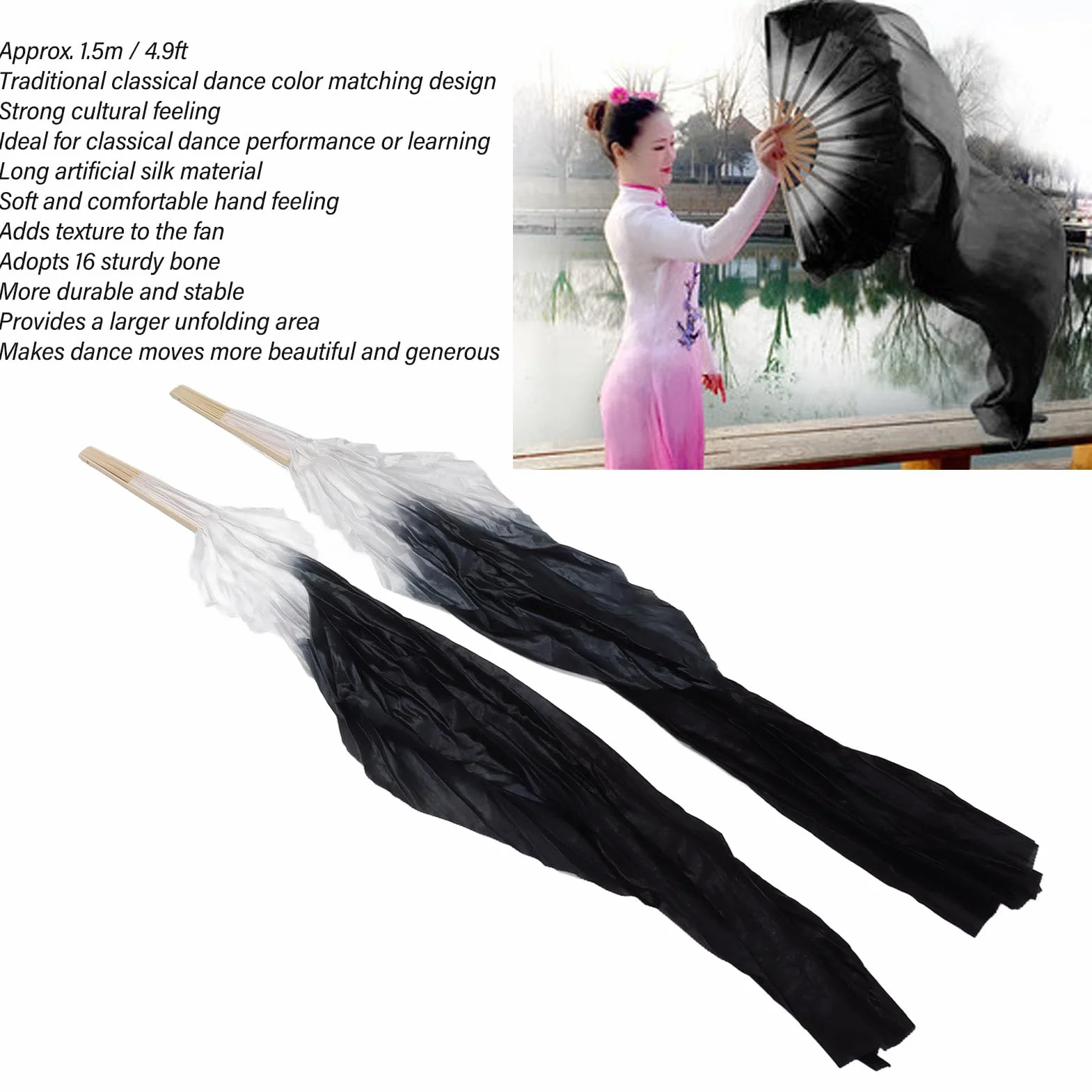 Abanicos para Danza del Vientre de 1,5M, Seda Sintética, Gris y Negro