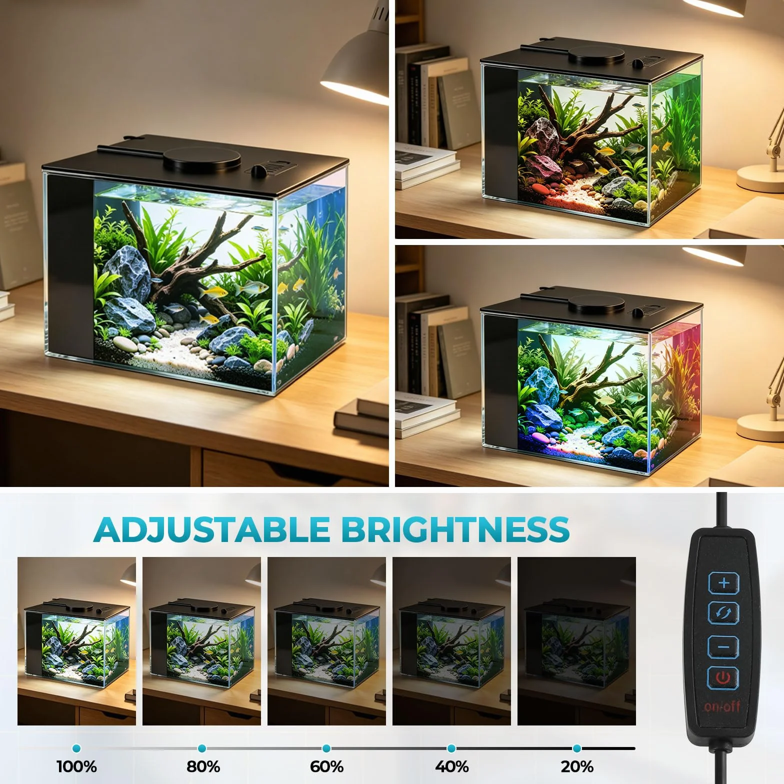 Betta Fish Tank, pequeño acuario de plástico con cubierta y luz LED, kit de inicio de acuario con sistema de filtro, mini pecera de escritorio para camarones Betta