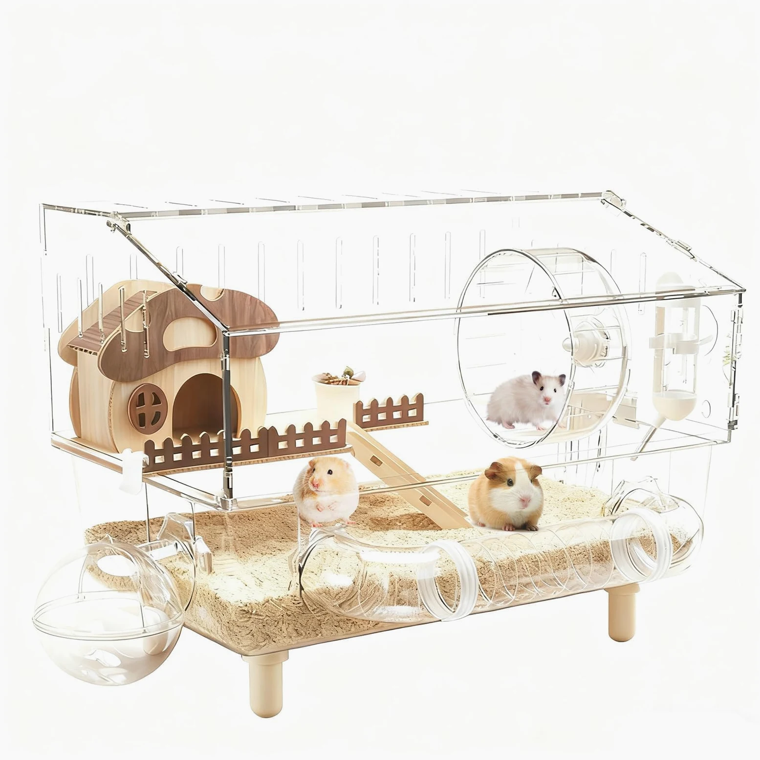 Jaula grande de acrílico para hámster con accesorios, tanque de hábitat de 2 capas con rueda de ejercicio para mascotas pequeñas como ratones, hámsters enanos y jerbos, 45 x 28 x 34 cm