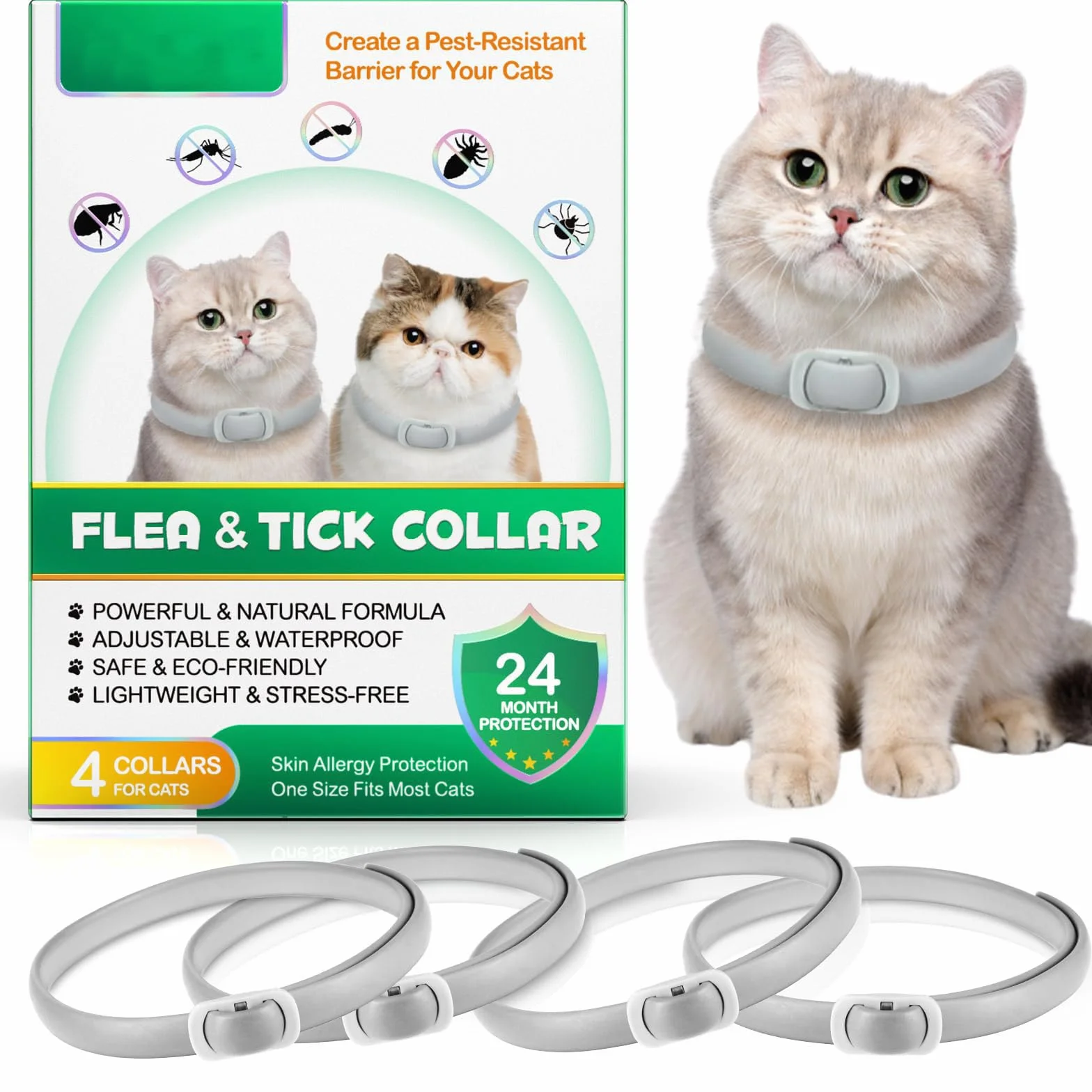 Collar Antiparasitario Gatos, Antipulgas Gatos 4 Piezas con 24 Meses de Protección Efectiva, Tratamiento de Pulgas Gato, Impermeable, Ajustable, para Gatitos, Gatos Grandes