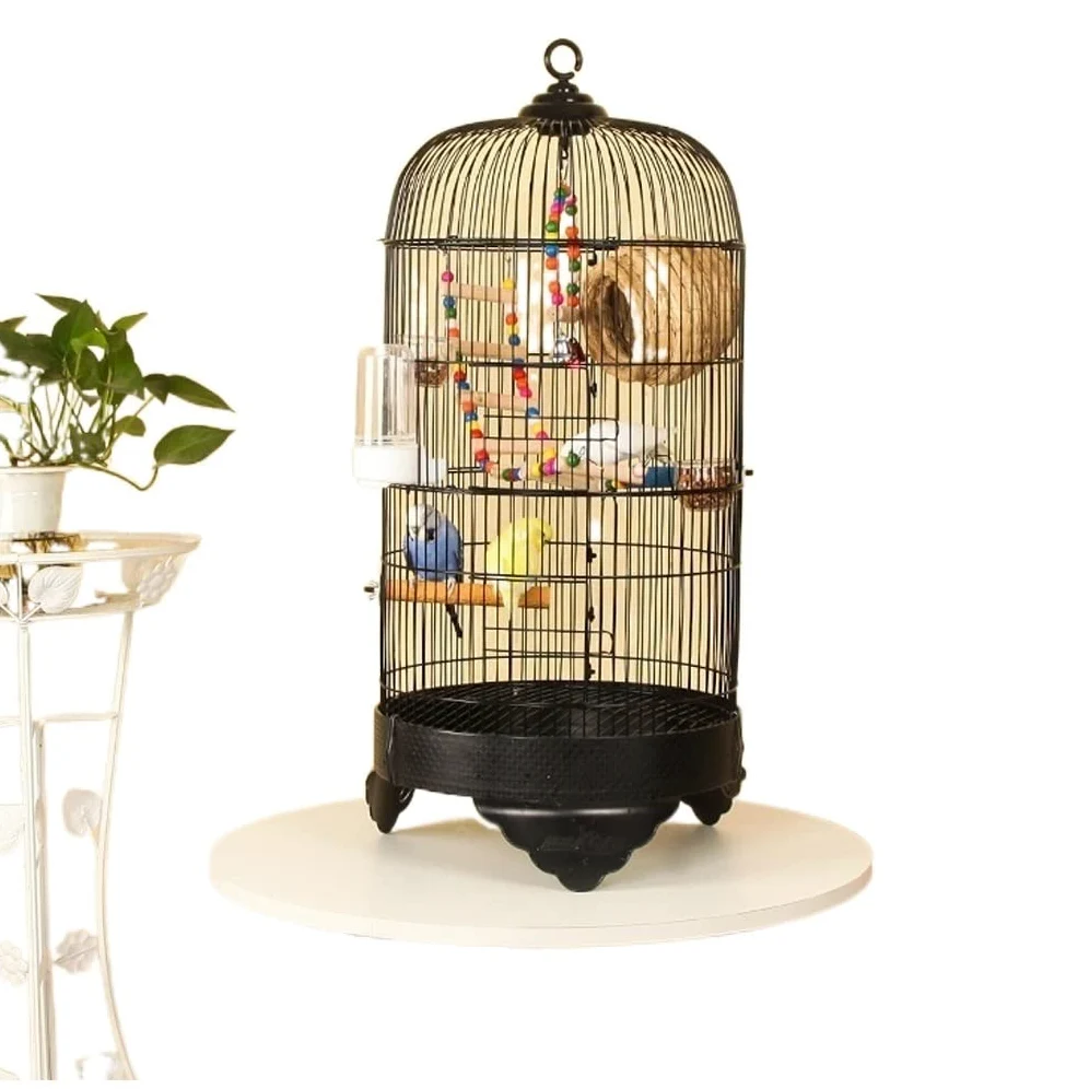 La Jaula De Pájaros Portador de pájaro hecho a mano Metal Acero inoxidable Caja redonda Parrot Pearl Pájaro Jaula Creativa Aleación de seda Jaula de pájaros con escalera colgante Juguete 75 cm Jaula P