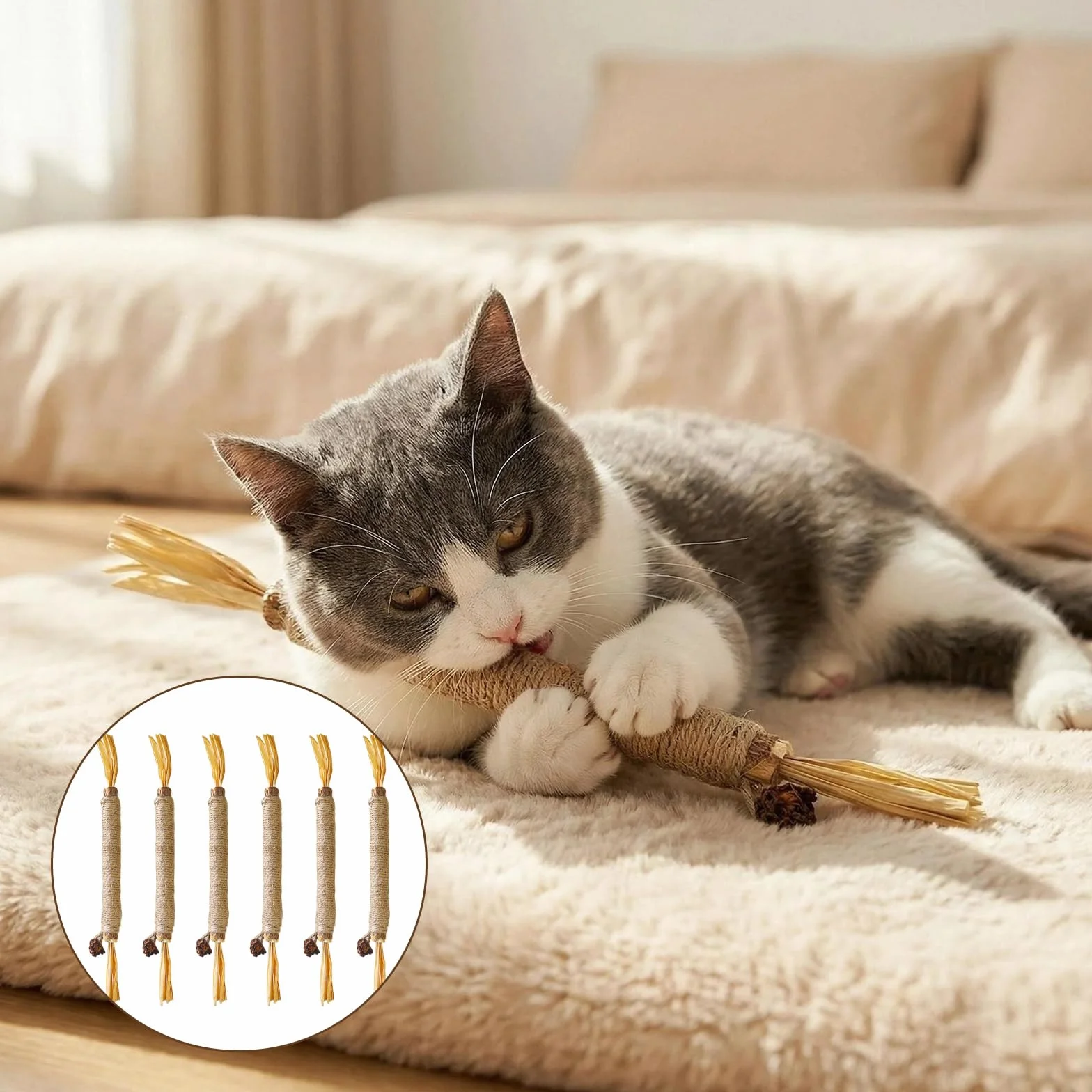 6 Piezas Naturales para Morder Gatos, Hierba Gatera Juguete Masticar Palos Gato, Palitos de Catnip para Gatos, Compatible para Gatos, Salud Oral y Estimulación de Ejercicio en Felinos