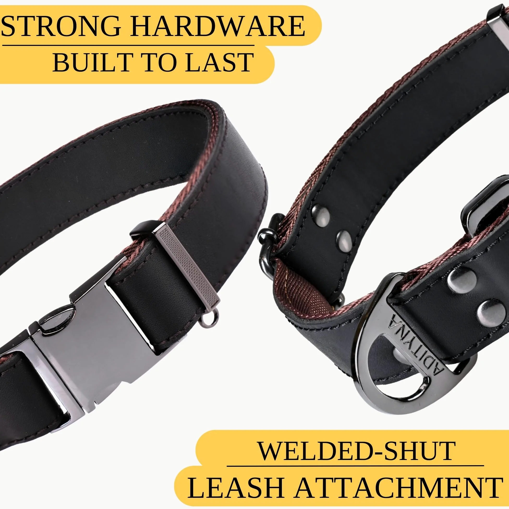 ADITYNA - Collar de cuero para perro con hebilla de metal para perros medianos y grandes - Collar táctico de cuero resistente, ajustable y de cuero (negro, se adapta a cuellos de 15 a 21 pulgadas)