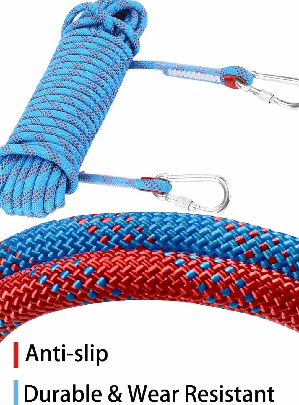Cuerda de Escalada 10mm 10M Servicio Pesado con 2 Mosquetones Rojo