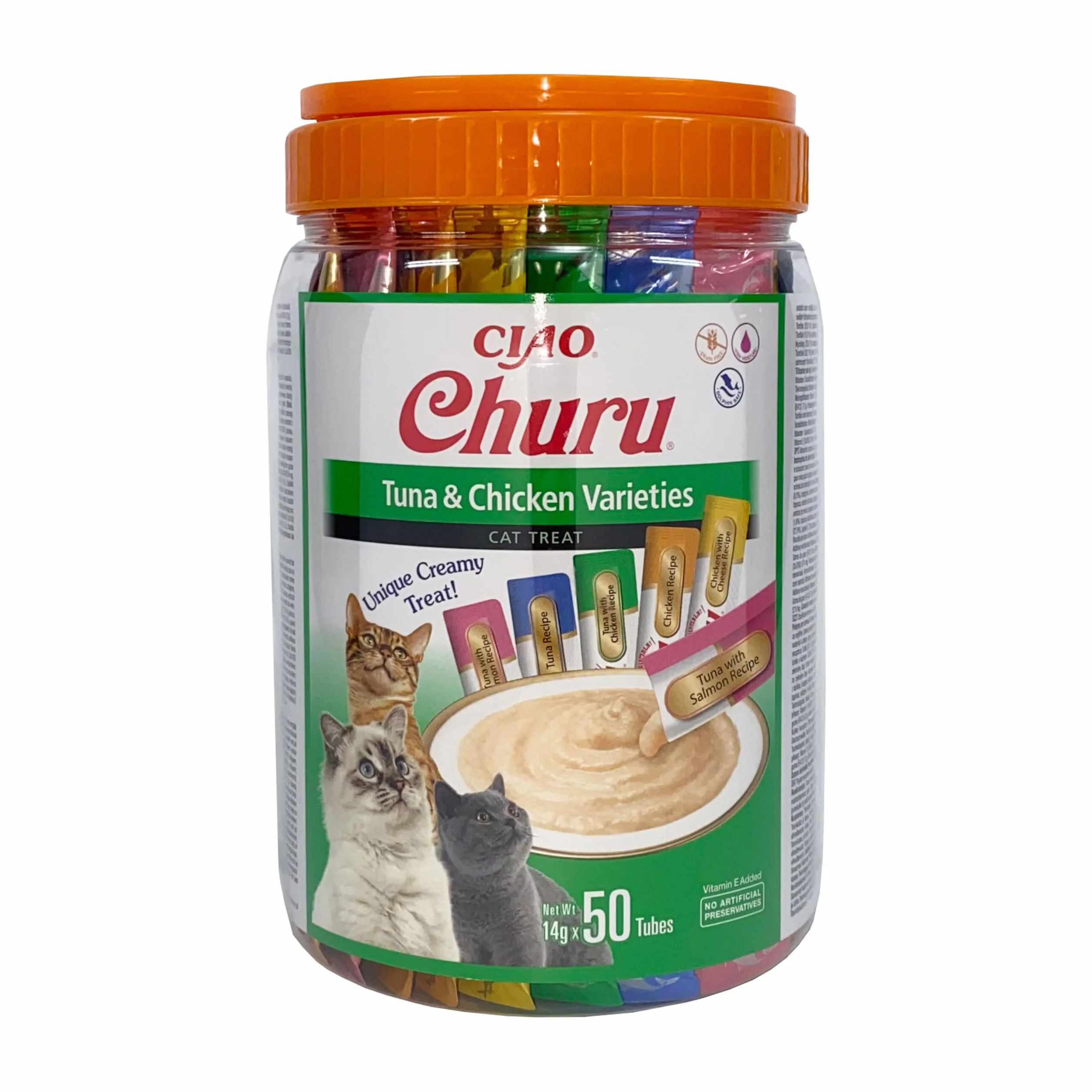 INABA Churu Gatos - Receta de Atún con Pollo - Snacks Saludables - Deliciosos Premios con Textura Suave y Cremosa - Natural, Sin Cereales, Sin Conservantes, Sin Colorantes - 700g (50x14g)