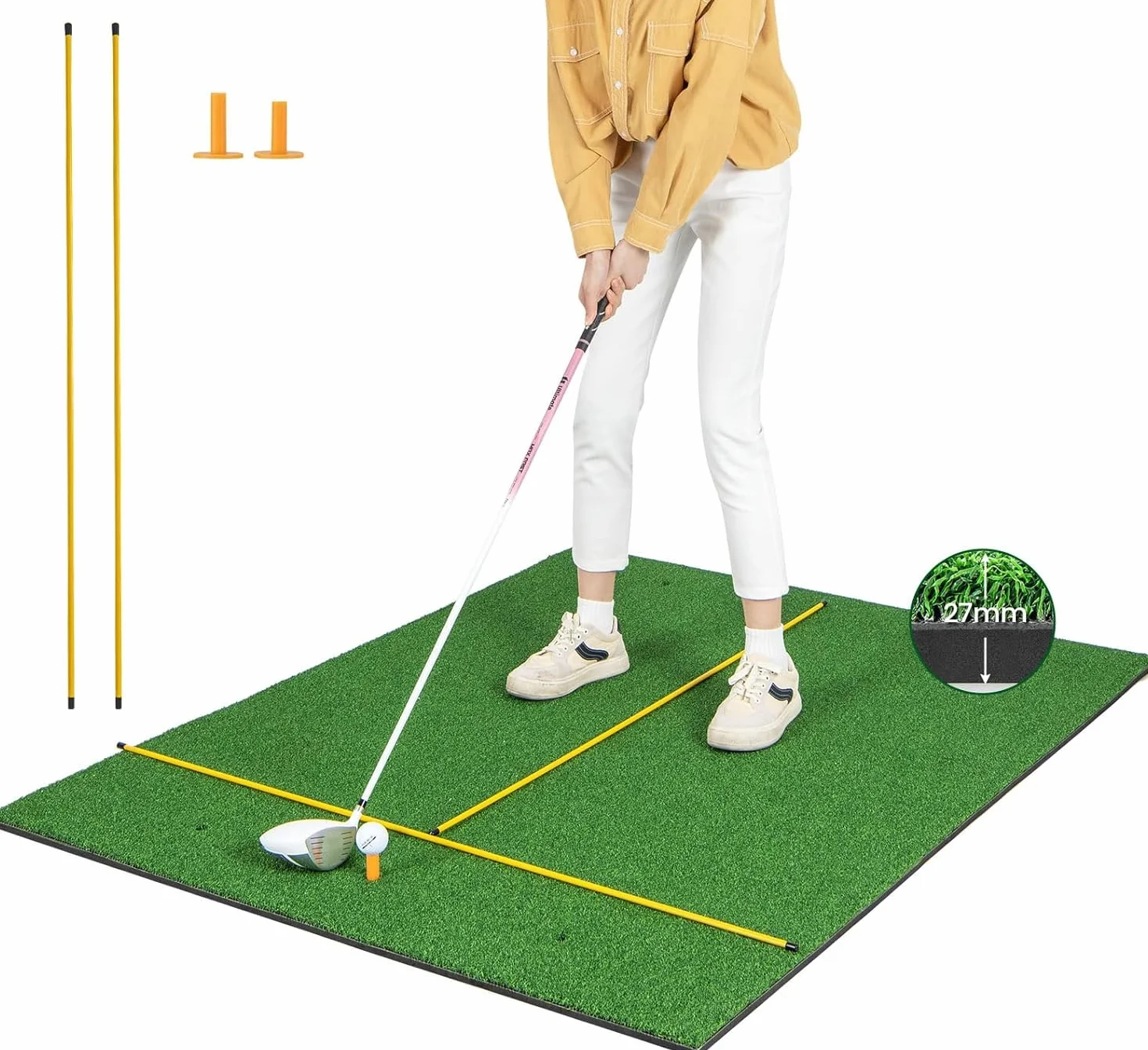 GYMAX Alfombrilla de Golf para Golpear Pelotas, Tapete de Césped Artificial para Práctica de Golf Interior y Exterior con 2 Tees de Goma y 2 Palos de Alineación