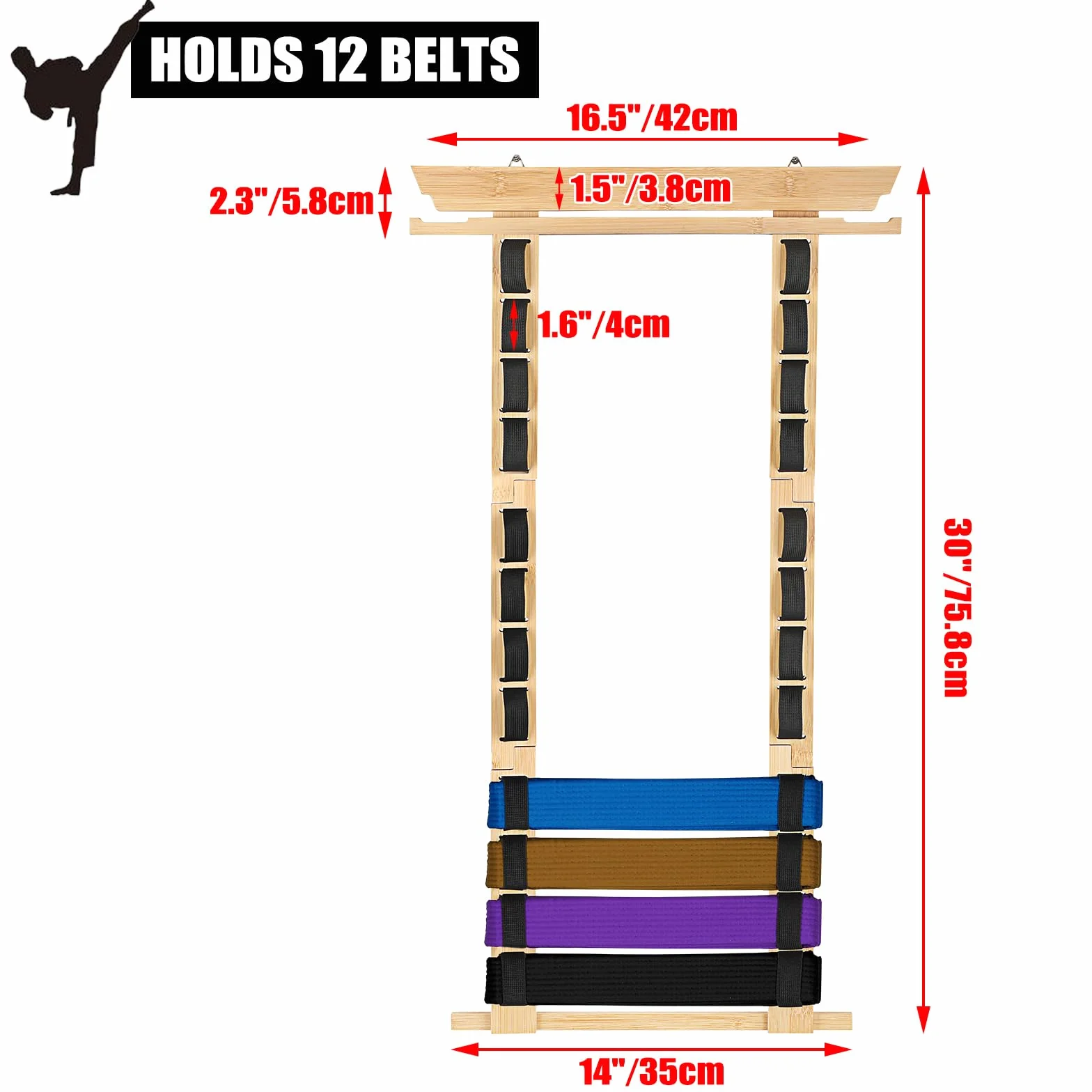 JUXYES Organizador de cinturones de artes marciales para pared 8-12 cinturones, soporte de bambú para karate