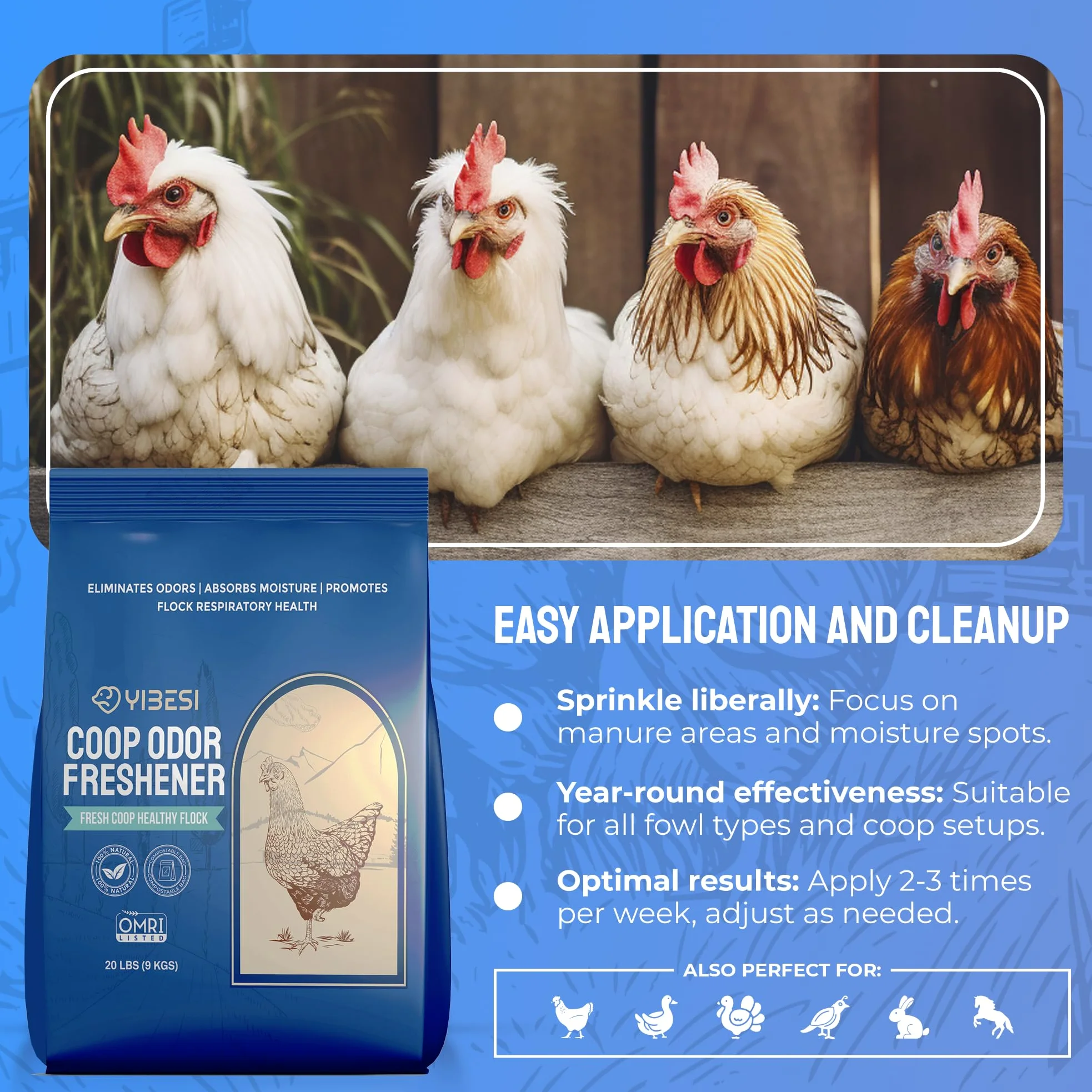Desodorante de gallinero de 20 libras, removedor de olores de zeolita y absorbente de humedad, refrescante, control de olores de ropa de cama, limpiador de gallineros, accesorios eliminadores