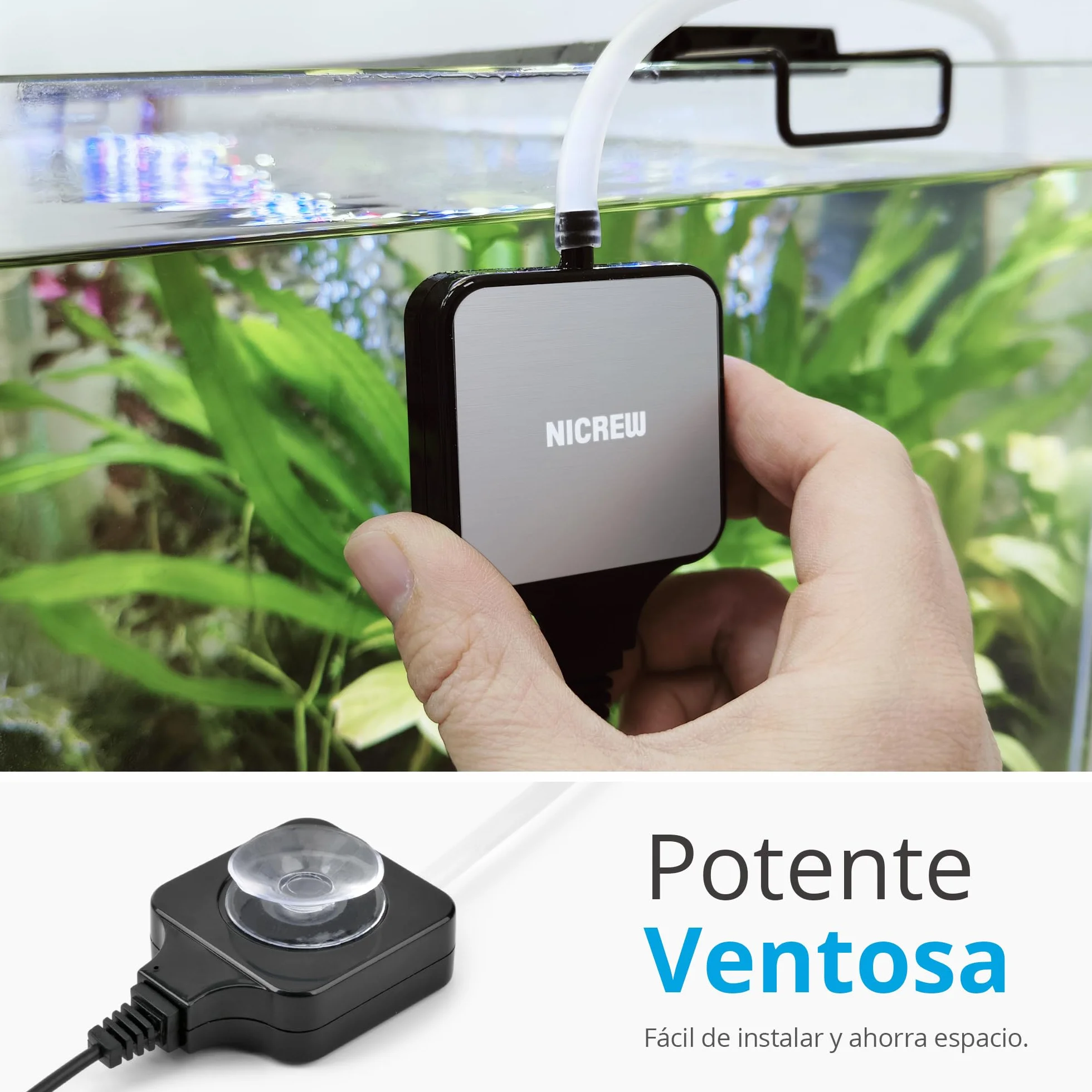 NICREW Oxigenador Acuario Ultra-Silencioso＜33 dB, Nano Bomba de Aire Silenciosa hasta 40 L, Accesorios para Nano Acuario, 18 L/H, 1,5 W