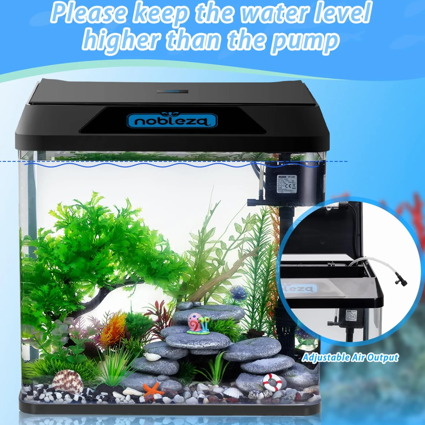 Nobleza - Acuario 30L con Filtro Integrado y Luz LED, Pecera de Cristal Completa para Peces, Acuario de Iniciación para Hogar y Oficina - Negro