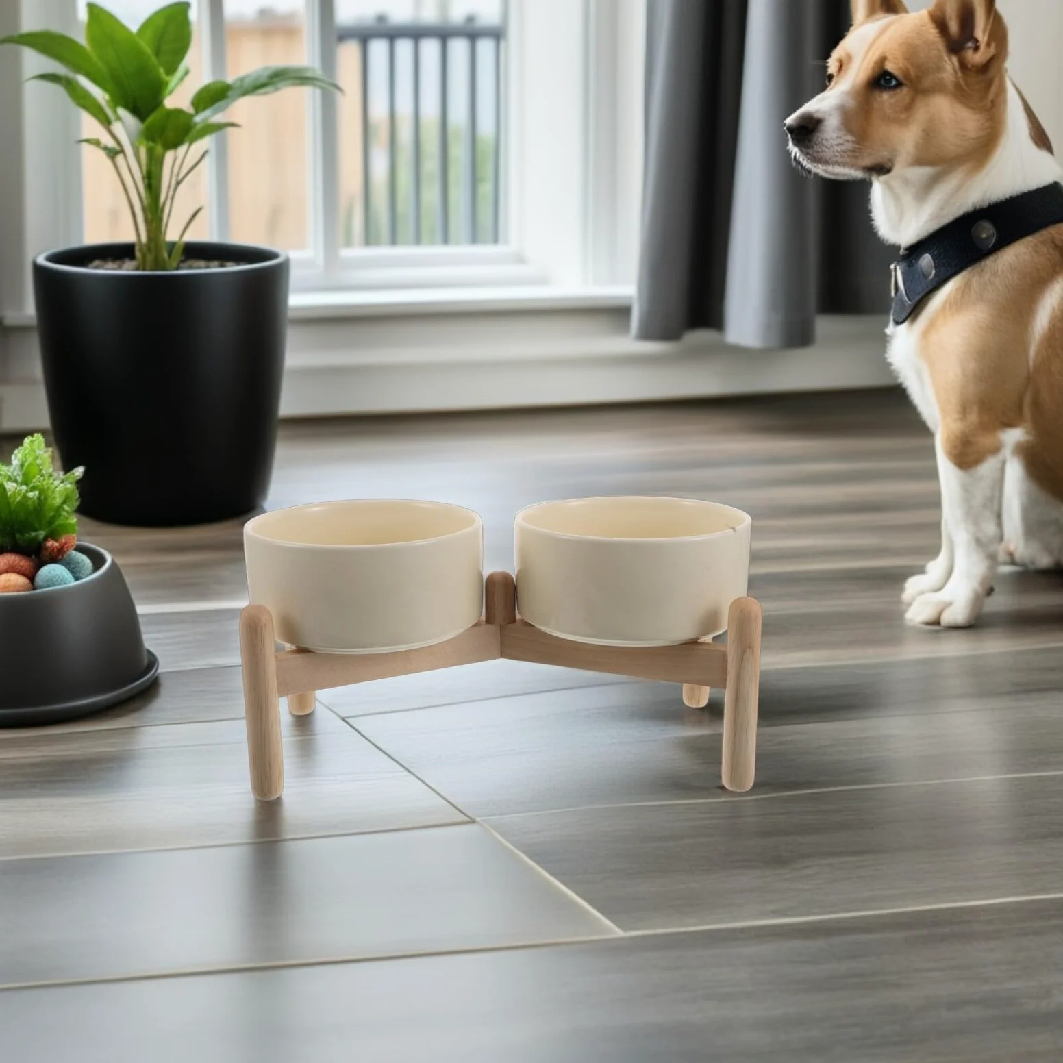 Gatuida Cuencos Elevados de Cerámica para Perros y Gatos 850 Ml con Soporte de Madera Antideslizante, Doble Tazón 15,5 Cm para Comida y Agua, Cuidado del Cuello y Articulaciones, Comedero