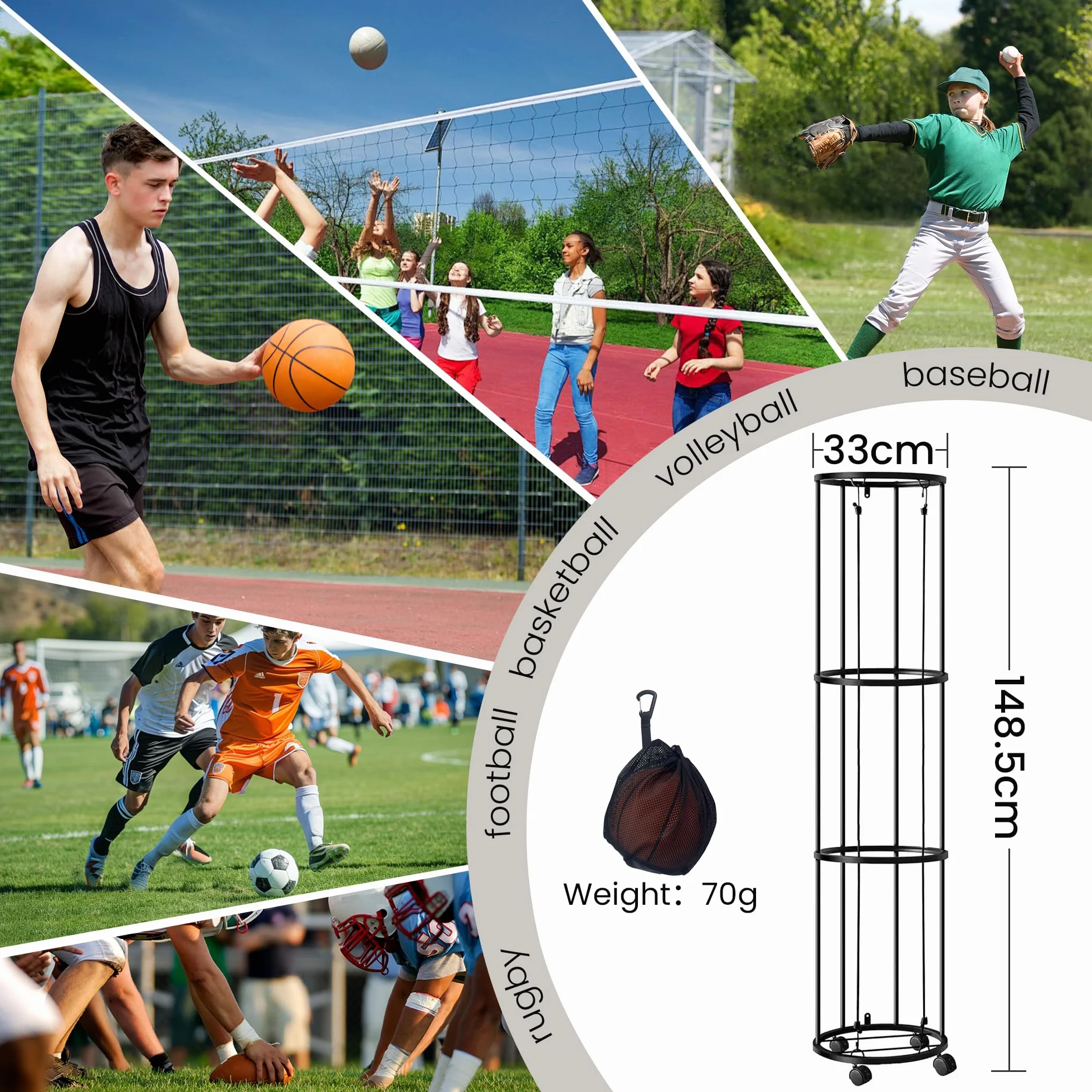 Estante para Pelotas de 3 Niveles con Ruedas, Soporte Extraíble con Red, Almacenamiento Deportivo para Voleibol, Baloncesto y Fútbol