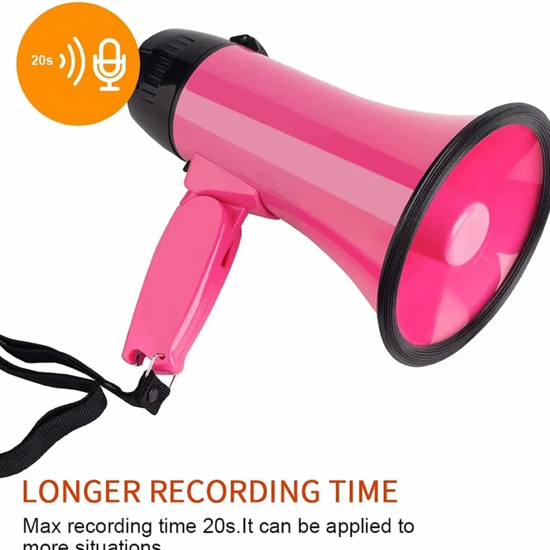 Altavoz Megáfono 25 W PA con Sirena Integrada, Grabadora de Voz, Abridor de Botellas, Rosa