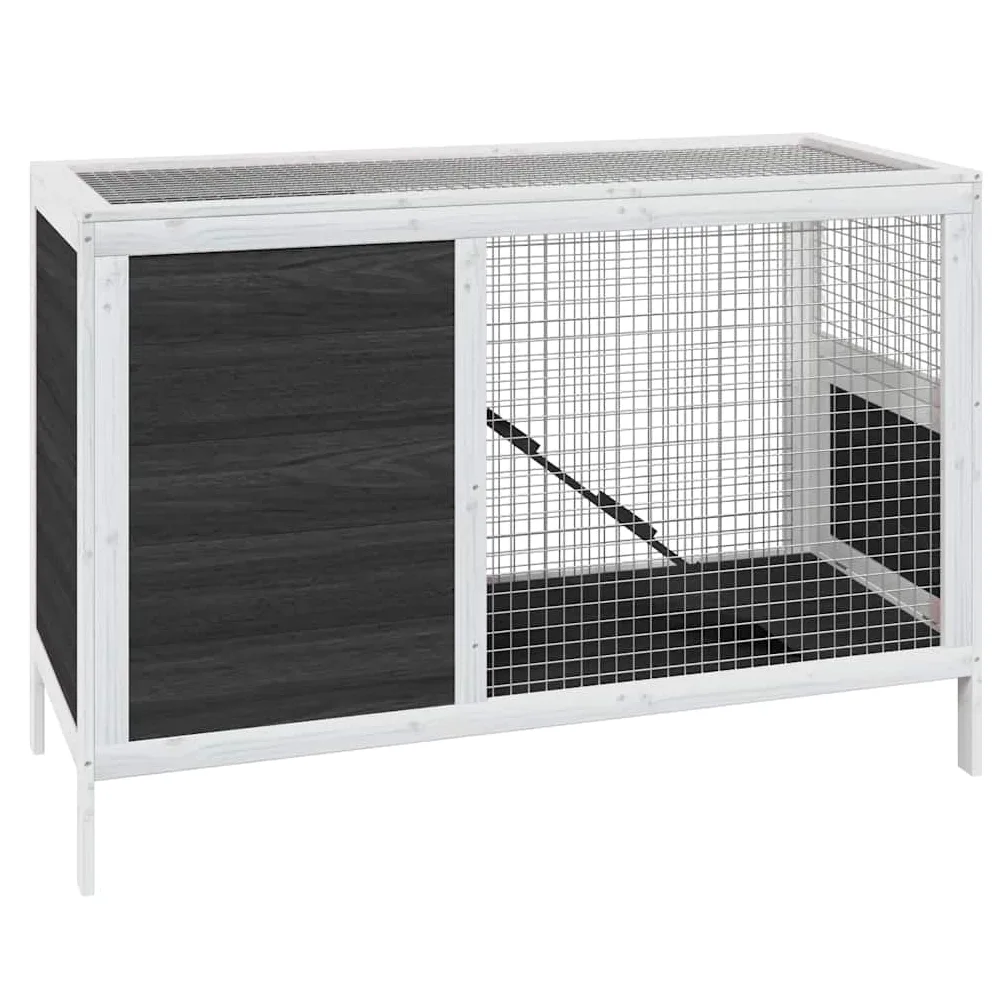 Conejera gris 103x44x69,5 cm Madera de pino maciza | Paredes de alambre, centro de actividades de dos niveles, rampa incluida, para conejitos conejillos de indias patos