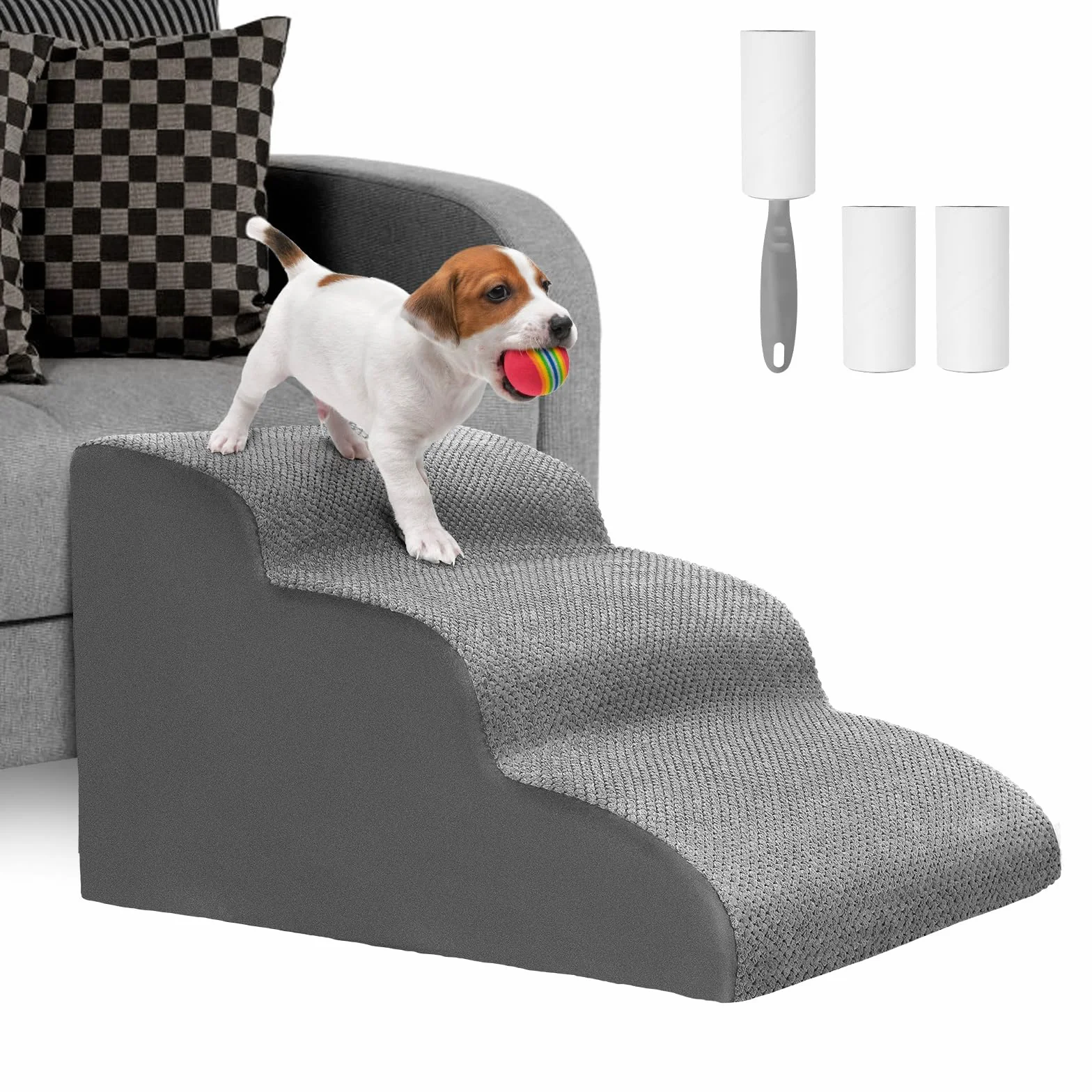 Lannvan Escalera para Perros, Escaleras para Mascotas de Espuma de 3 Escalones, Rampa para Perros Pequeños y Gatos con Funda Lavable, para Sofá o Cama, Enviar Rodillo de Pelusa, Gris