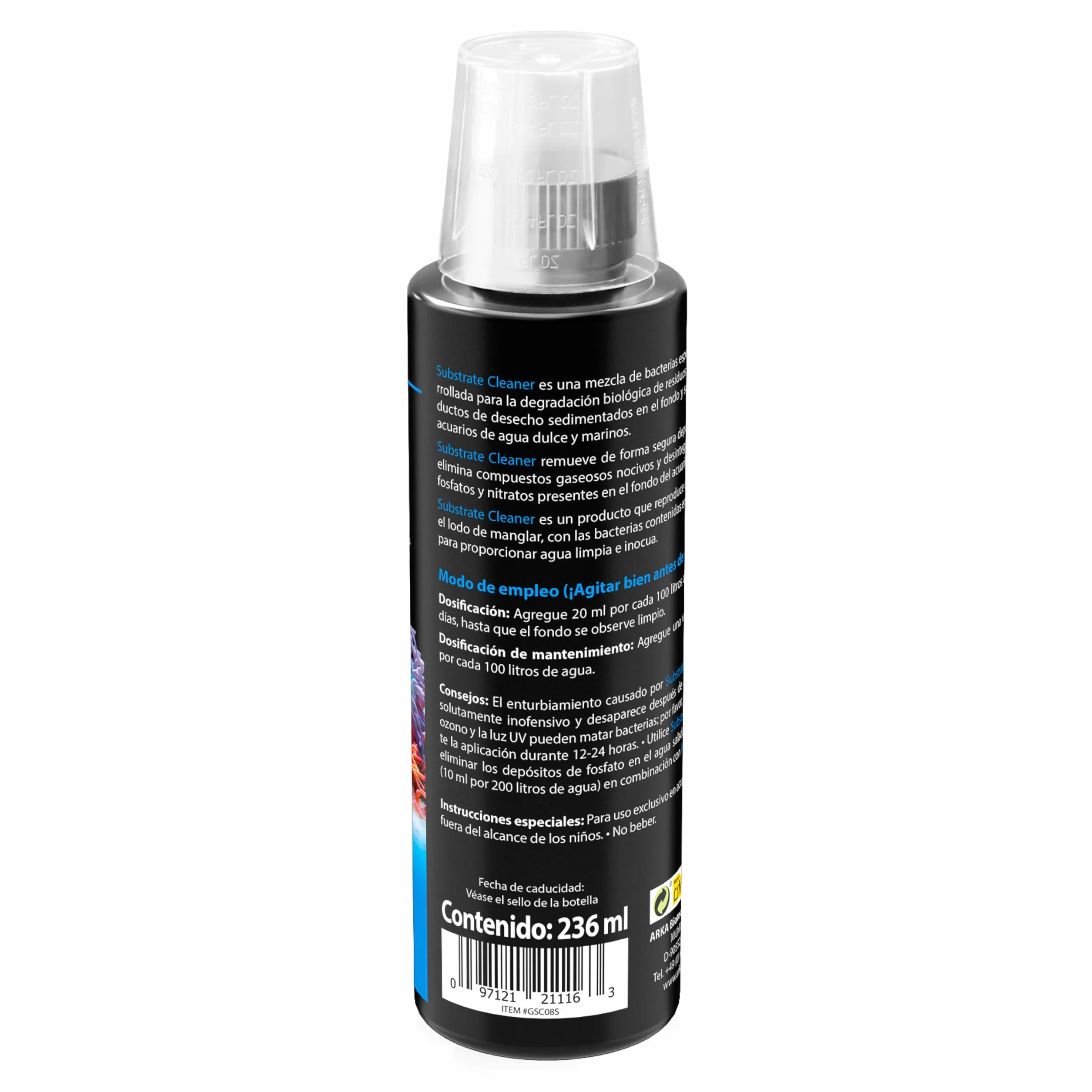 Limpiador Fondo Acuario 236 ml – ARKA Substrate Cleaner – 100% biológico con bacterias vivas – Elimina Lodo, restos y Suciedad – sin sifón ni Tubo – Agua Clara en Dulce y Marino