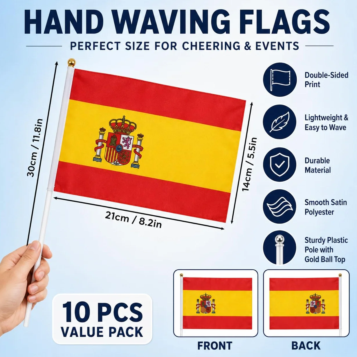 Banderas de Mano España 14x21 cm 10 Unidades Poliéster con Palo para Fútbol y Eventos