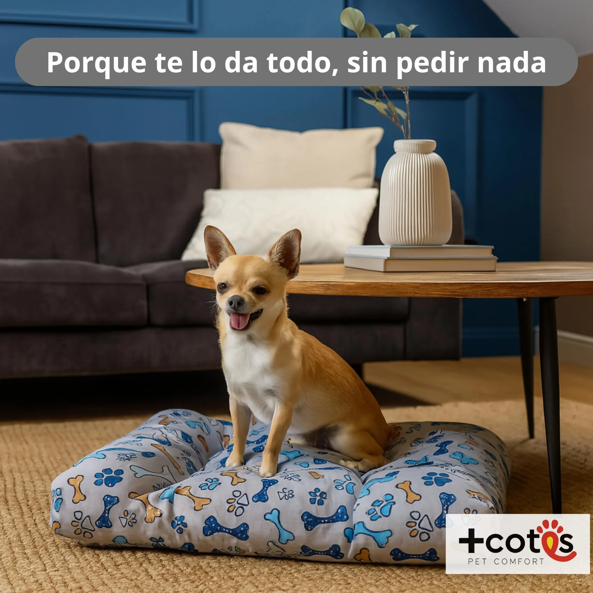 Cama Perro pequeño - Colchón Fibra Suave y Transpirable - Tejido loneta Resistente antipelos - Base Antideslizante - Lavable y Ligera - Hecho en España 50X70X8 Huesos +Cotes