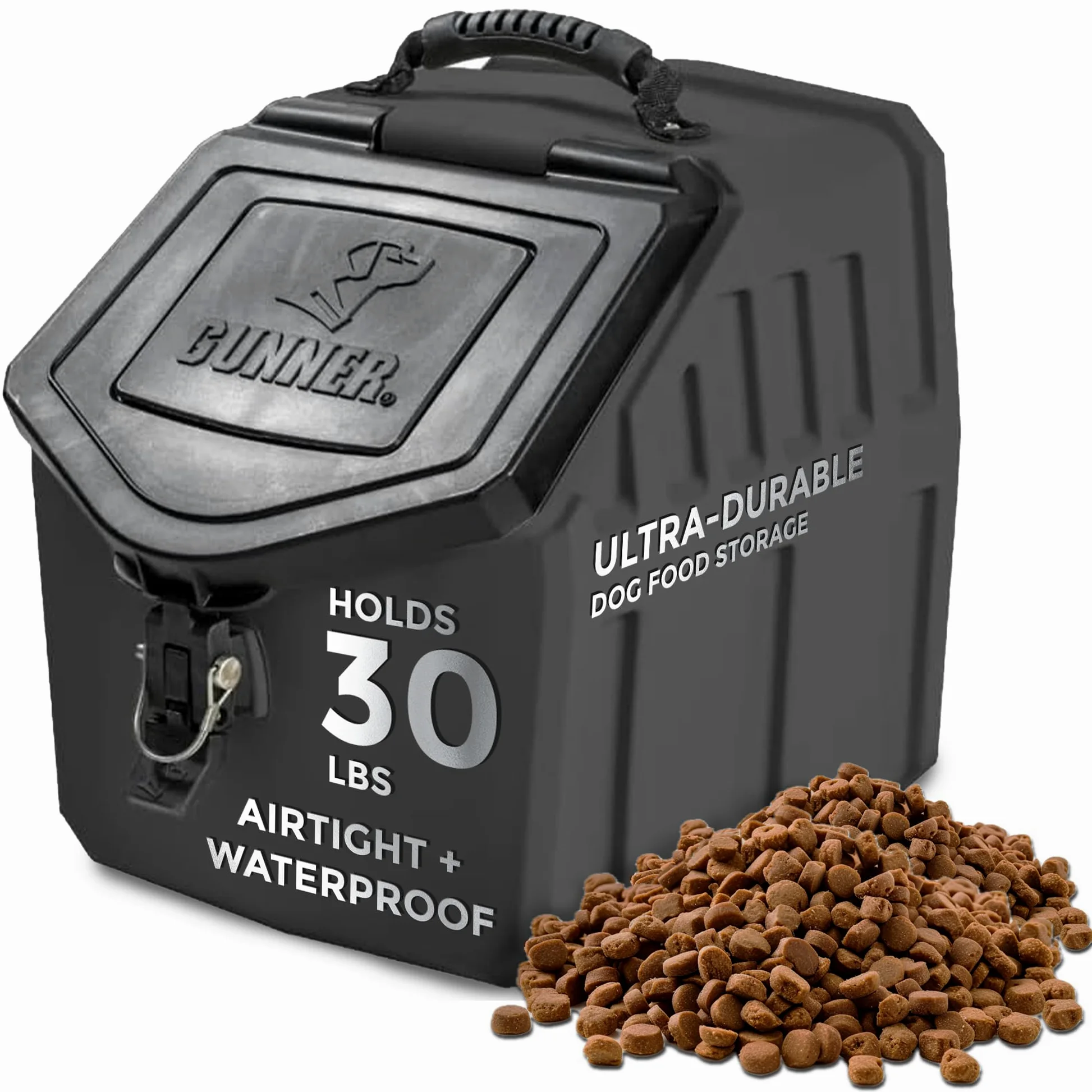 GUNNER Contenedor de almacenamiento de alimentos para perros de 30 libras, impermeable y hermético para mascotas, contenedor multiusos para alimentos secos, maíz, alimentación de pollo, golosinas,