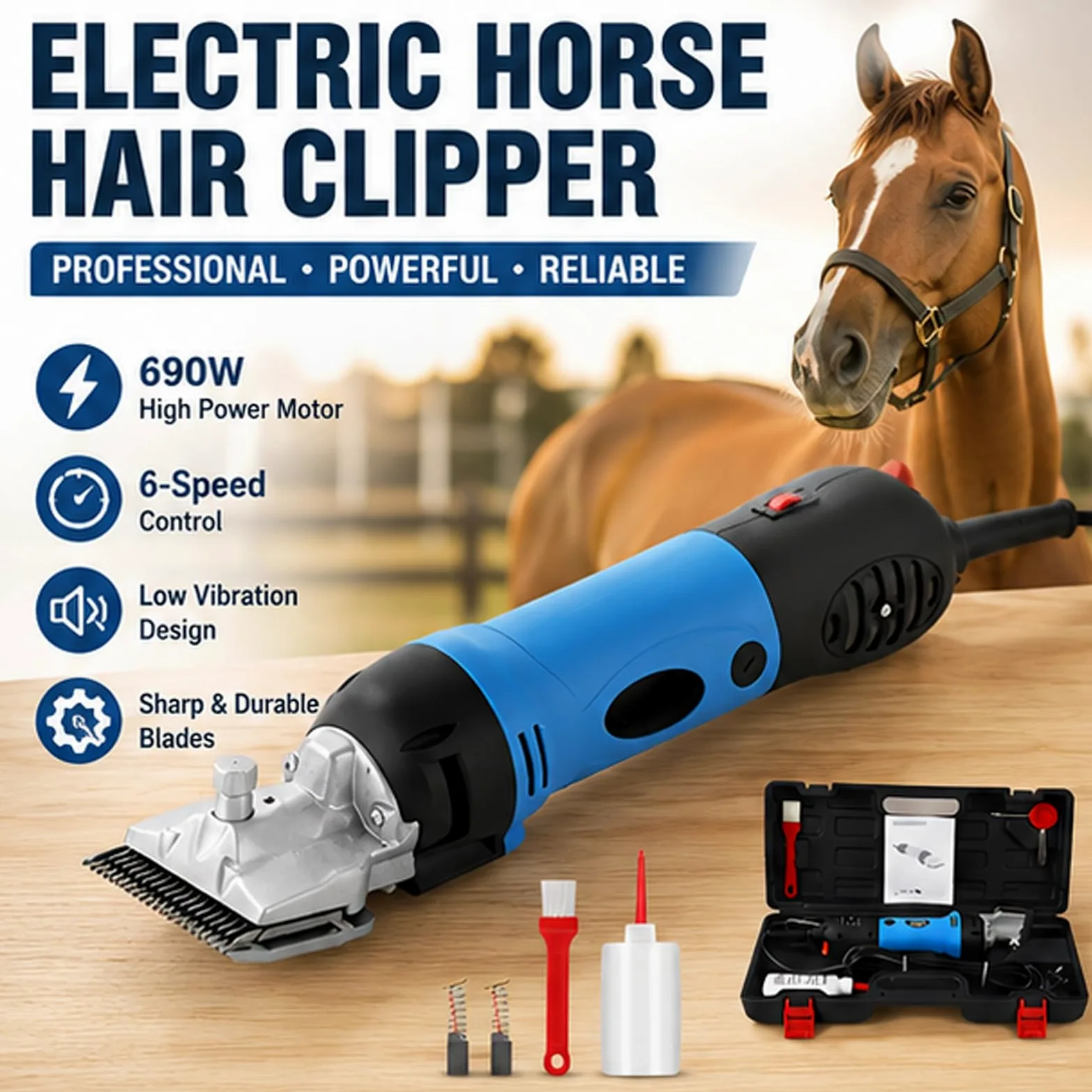 Cortapelos eléctricos profesionales para caballos, tijeras equinas de baja vibración de 690 W, cortapelos ligero, 6 velocidades ajustables para abrigos de mascotas y ganado blue