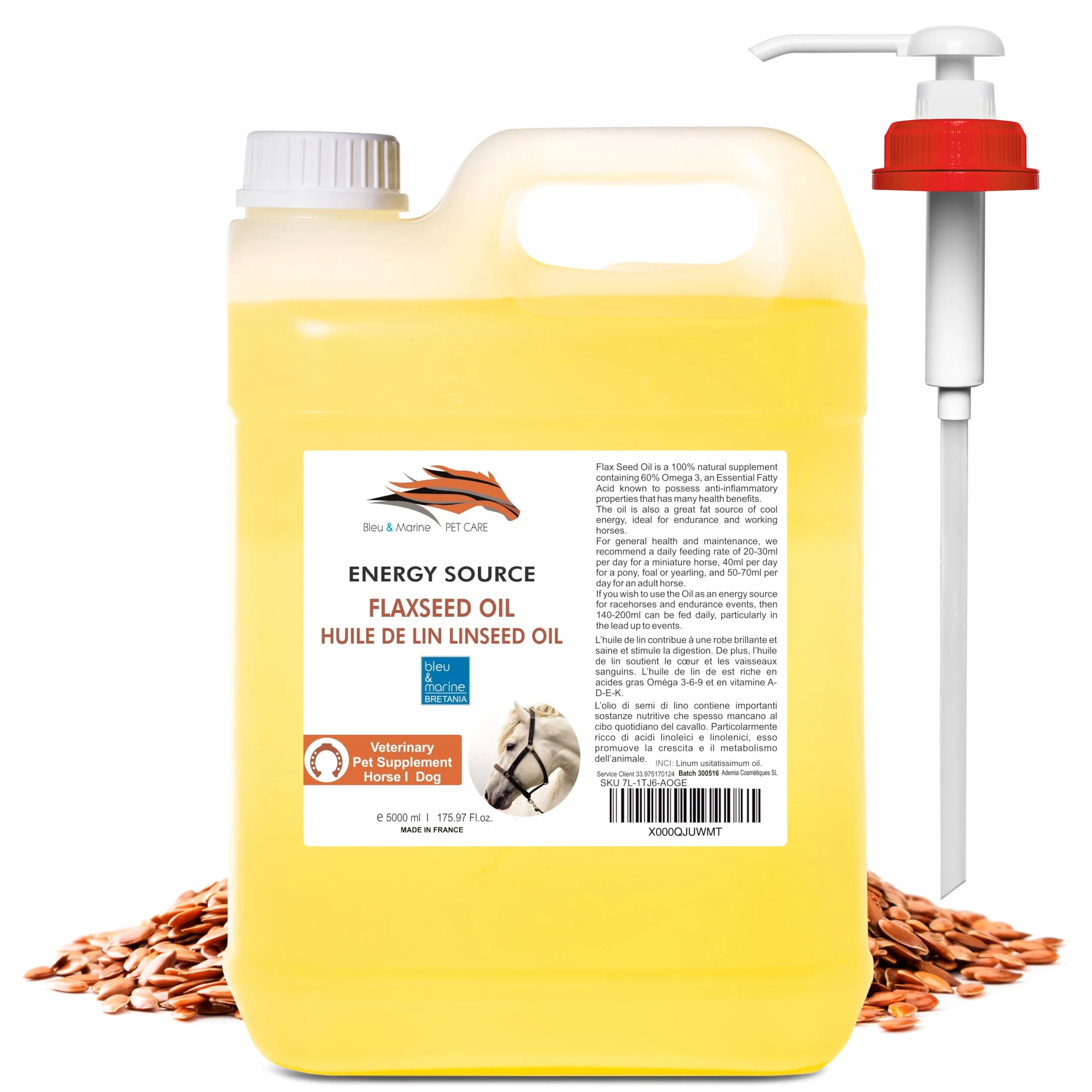 Aceite de Linaza, Energizante Natural, Mejora Pelo y Piel Animal, Crecimiento Saludable, Rico en Omega 3, 5000 ml