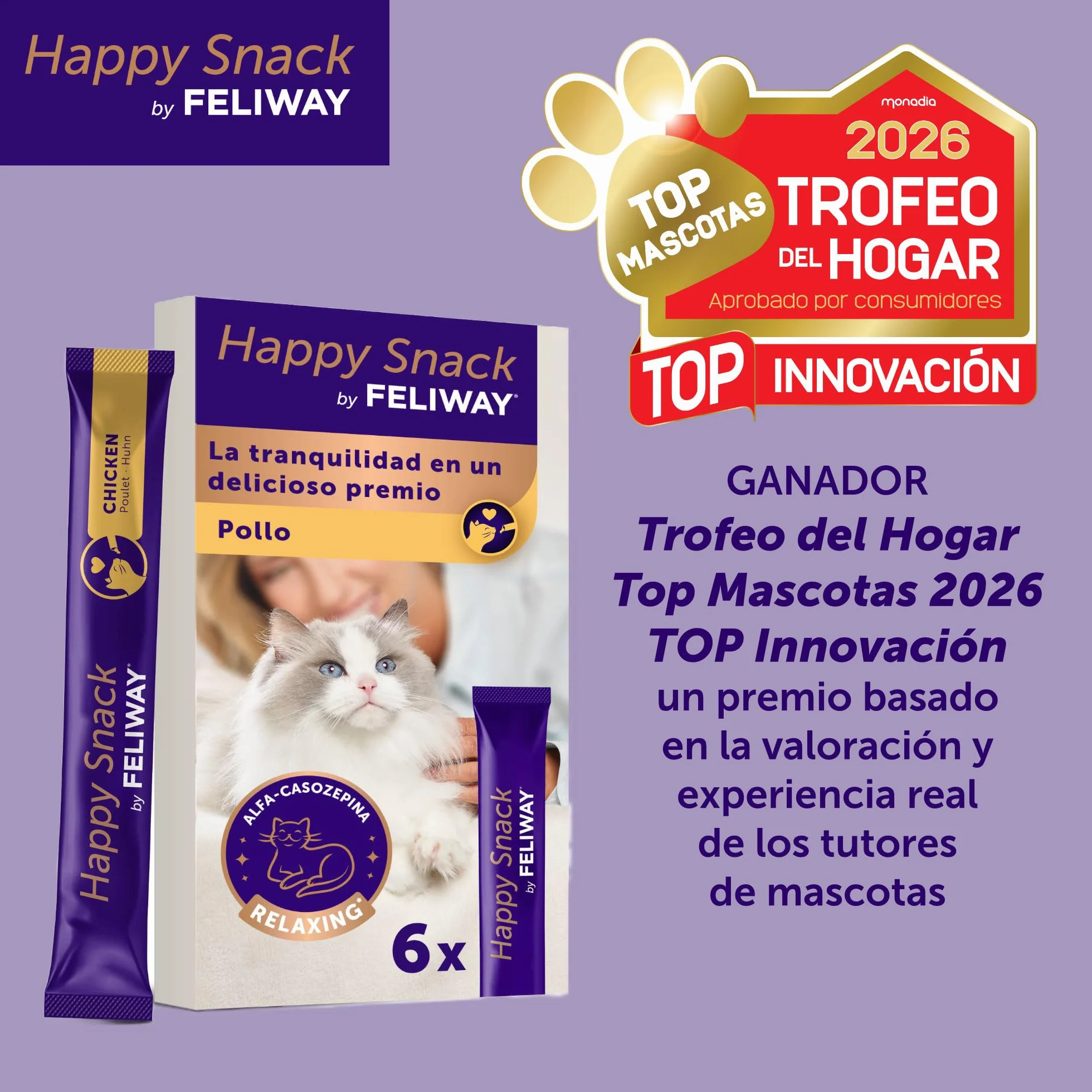 FELIWAY Happy Snack - Deliciosos y cremosos premios calmantes para gatos (6 sobres). Ayuda a los gatos a sentirse más tranquilos y a mejorar vuestro vínculo.