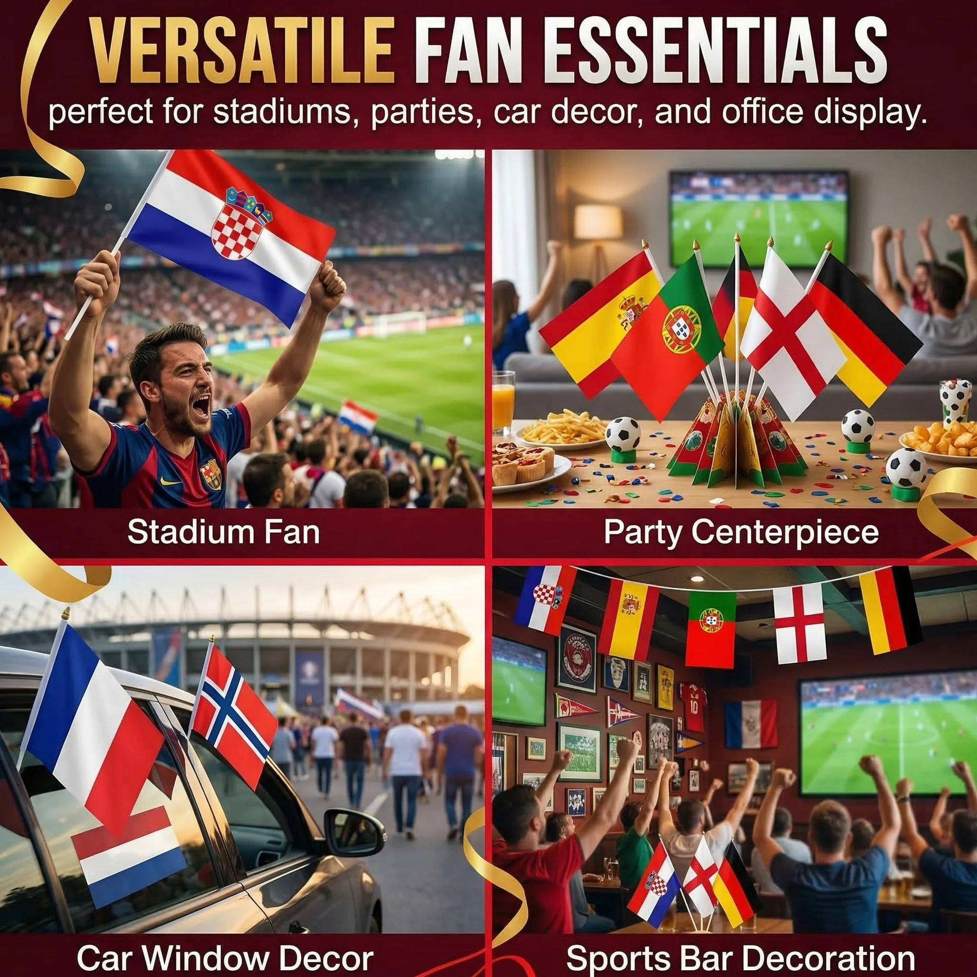 Bandera de Mano 2026 Copa del Mundo Fútbol, 8 Países 30cm Palo, Doble Cara Decoración Mundial