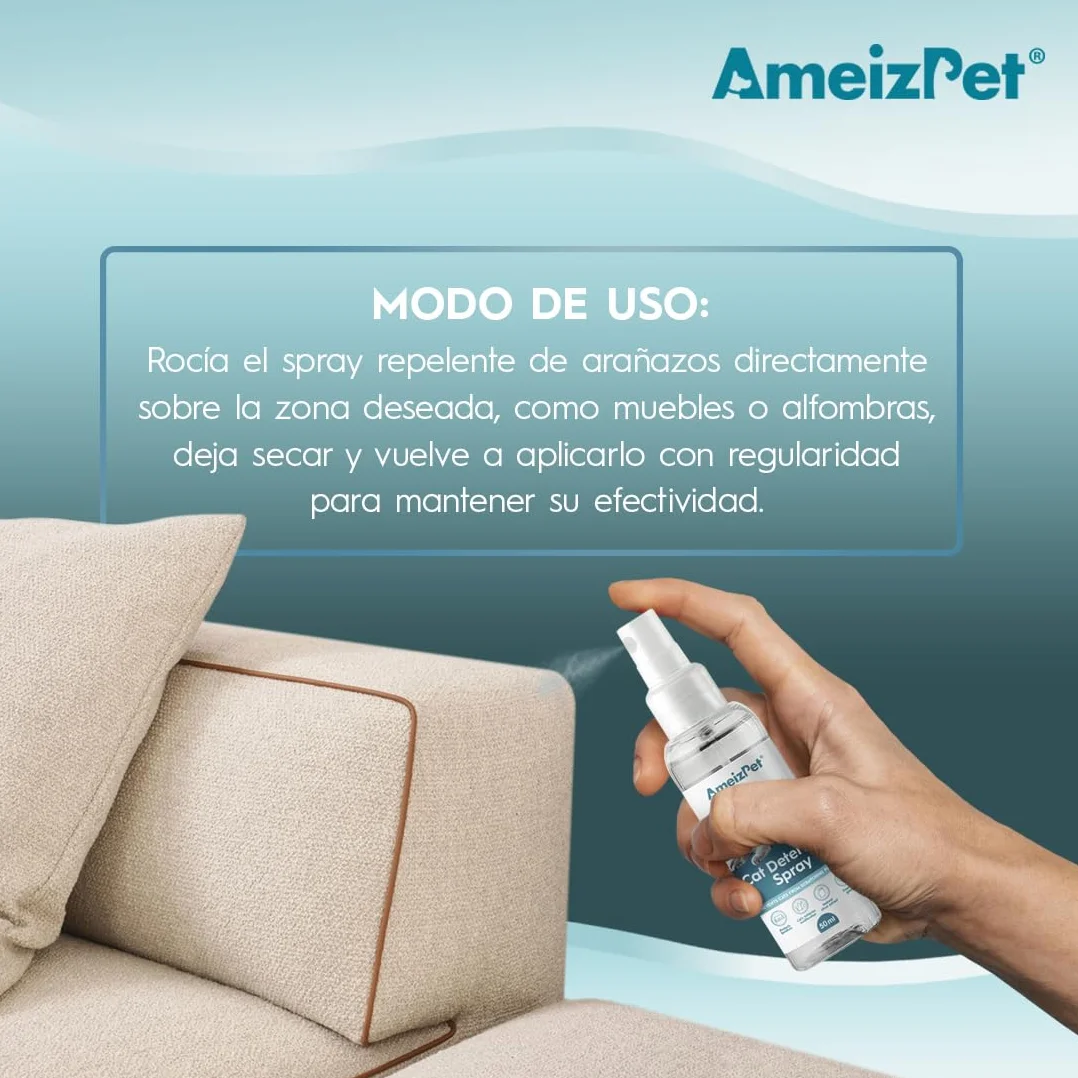 AmeizPet Spray Antiarañazos Gatos, Evita Que Los Gatos Arañen Muebles, Alfombras, Cortinas y Plantas, Ahuyentador de Gatos y Gatitos Exterior e Interior, 50 ml (1.69 Oz)