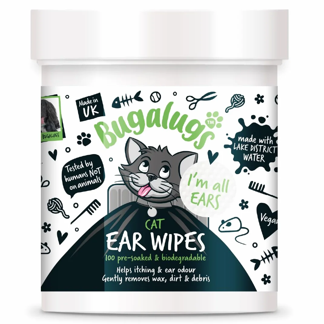BUGALUGS - Toallitas Calmantes para Limpieza de Oídos de Gatos - 100 Unidades - Aloe Vera & Hamamelis - Control de Cera - Higiene Auricular - Alivio de Picor - Uso Diario - Fórmula Natural y Suave